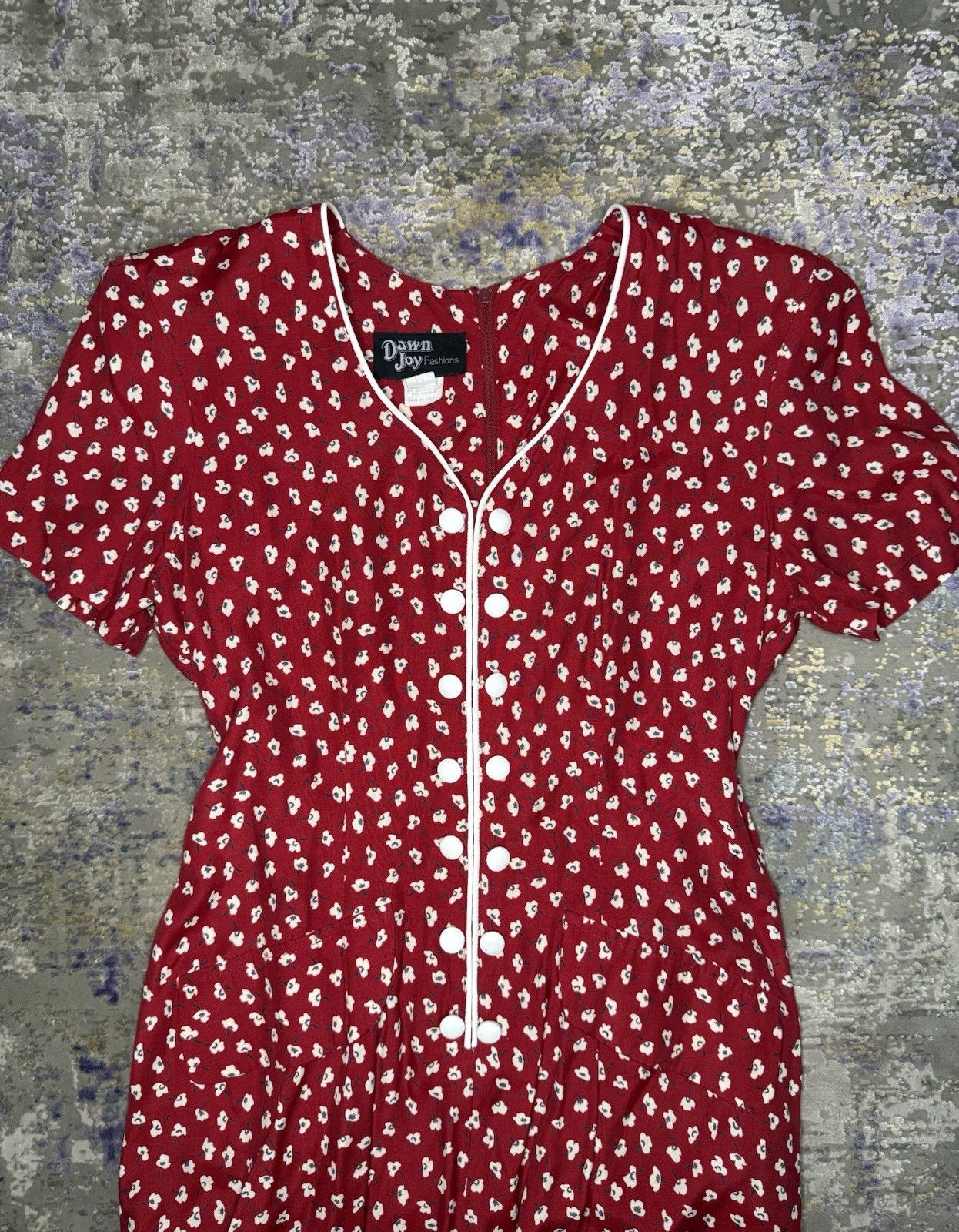 Vintage 80’s Dawn Joy Red Floral Print Dress With Slit And Tie Back Size 8