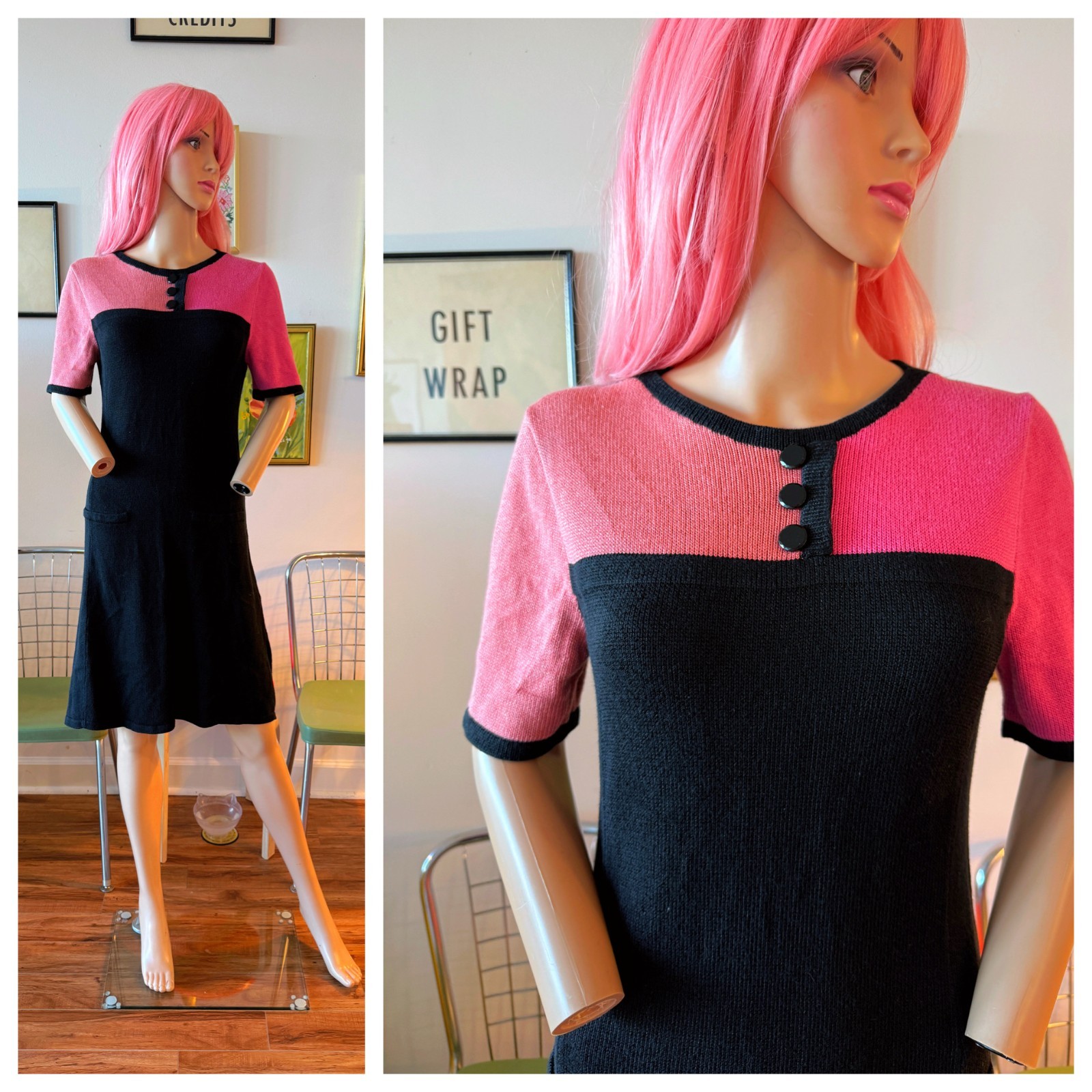 💗🖤 Vtg 70s Don Sayers Santana Knit Clingy Color Block Pink Black Mod Dress M