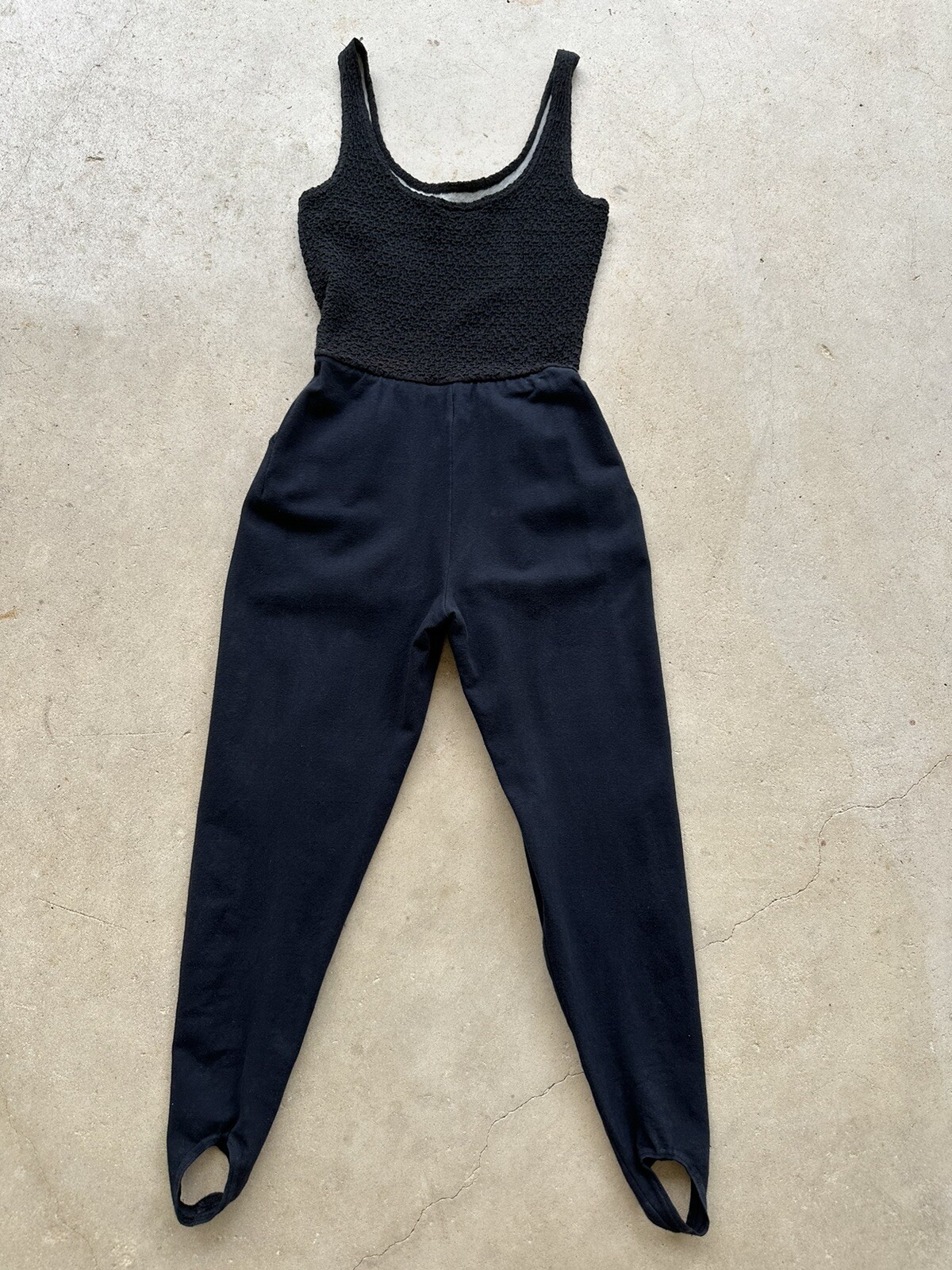 1990s Bettina Riedel NY Stirrup Pant Jumpsuit Romper Pleated Black Catsuit S VTG