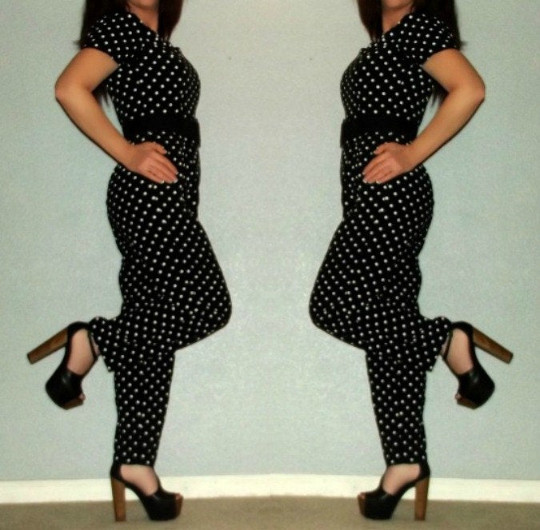 XS S Vtg 80s Ashlee Polka Dot Scalloped Off Shoulder Jumpsuit Romper Pantsuit Ca
