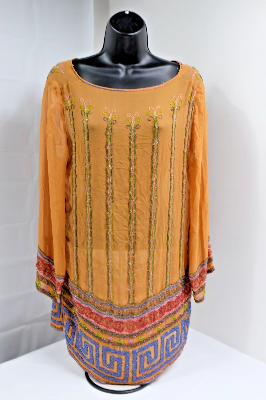 1920’s Orange Dress Antique Glass Blue & Red Beaded Art Deco 1920s-1930s