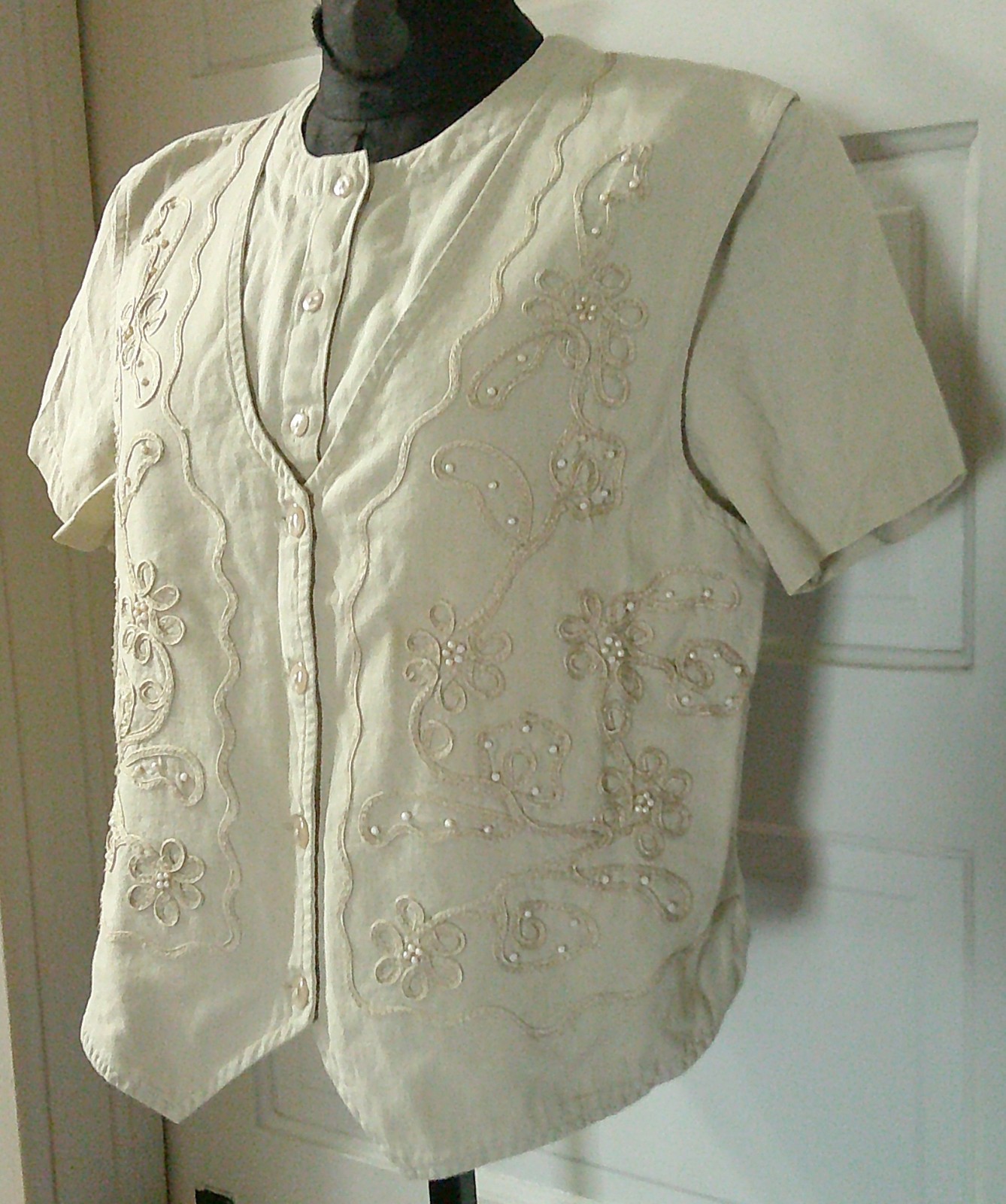 90’s KAREN SCOTT Cotton Rich Linen Blend Layer Look SS Top Shirt Blouse M