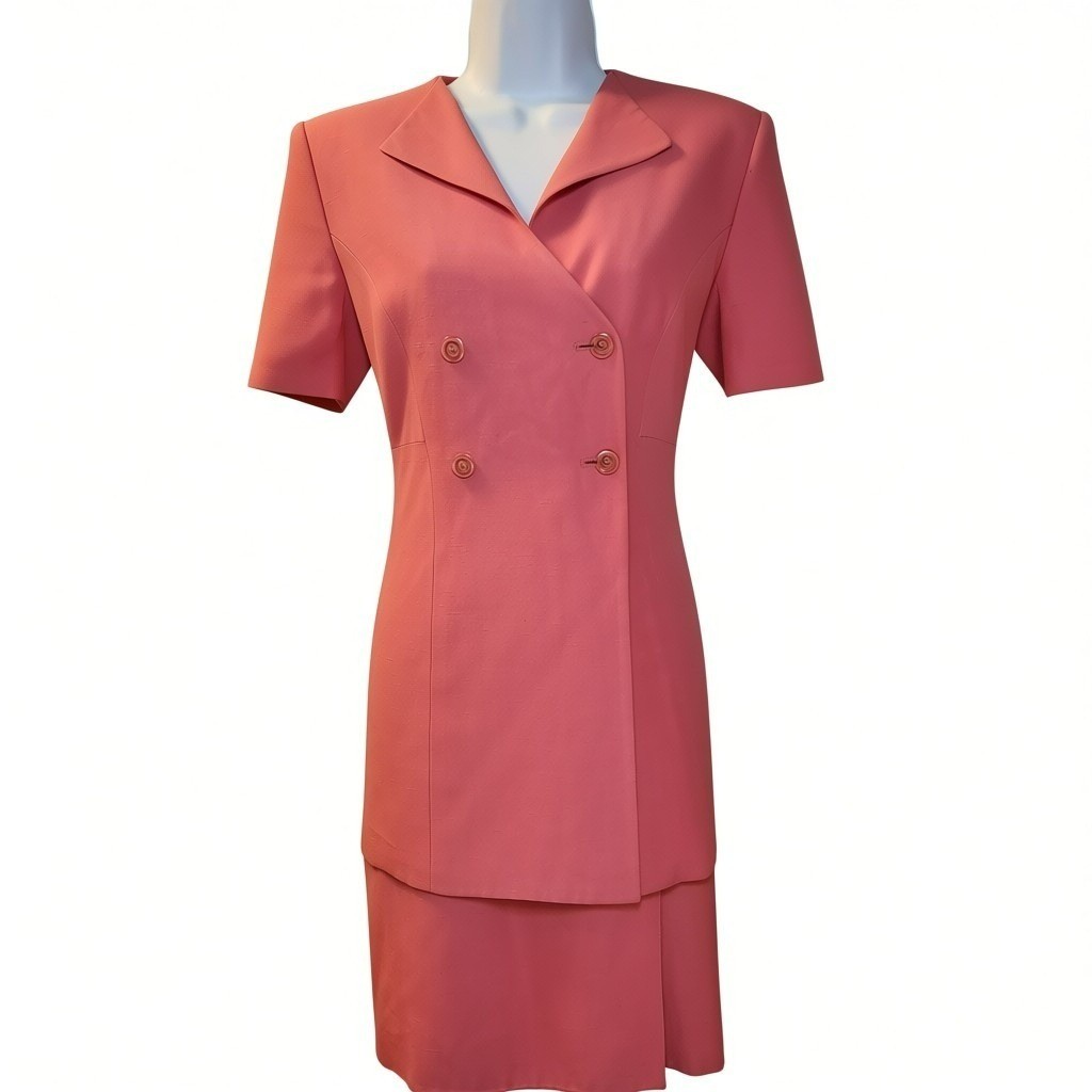 Casual Corner Vintage Coral Pink 2 Piece Dress Suit Set Double Breasted Size 8