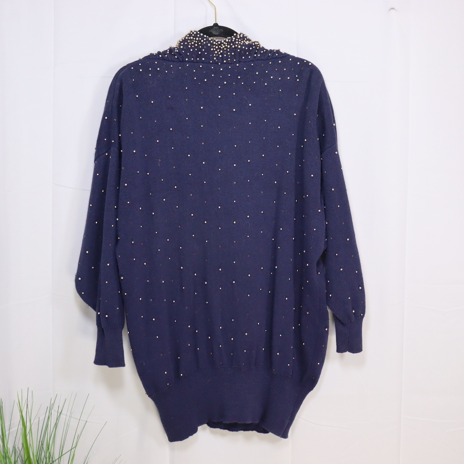 Bonnie Boerer Beaded Cowl Neck Sweater Womens M Navy Blue Dolman Vintage Glam