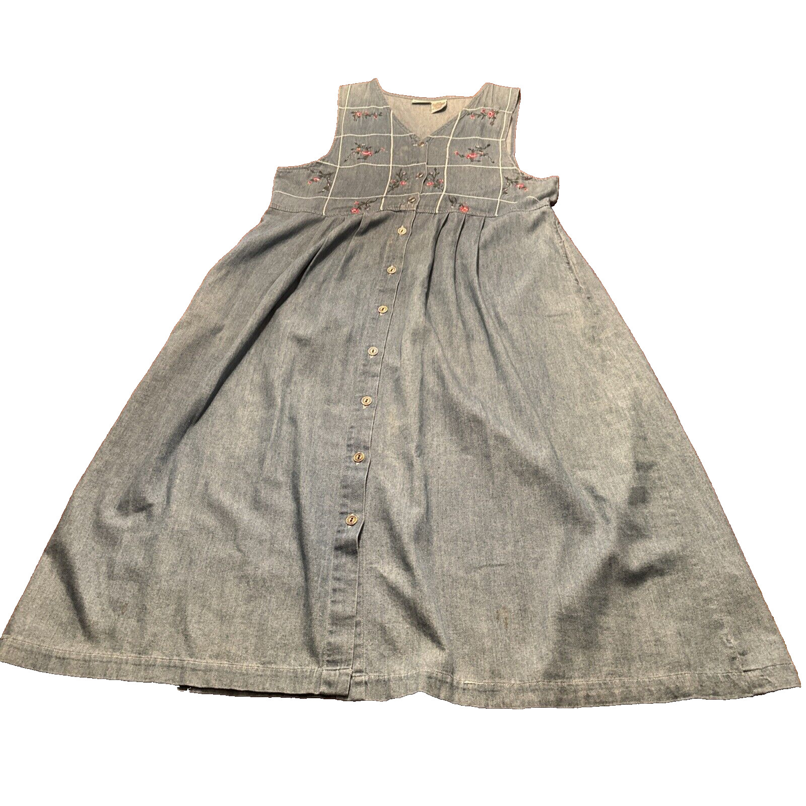 VTG 80s Denim Jean RETRO Loose Midi Button Up Slit Pockets Dress WOMENS LARGE