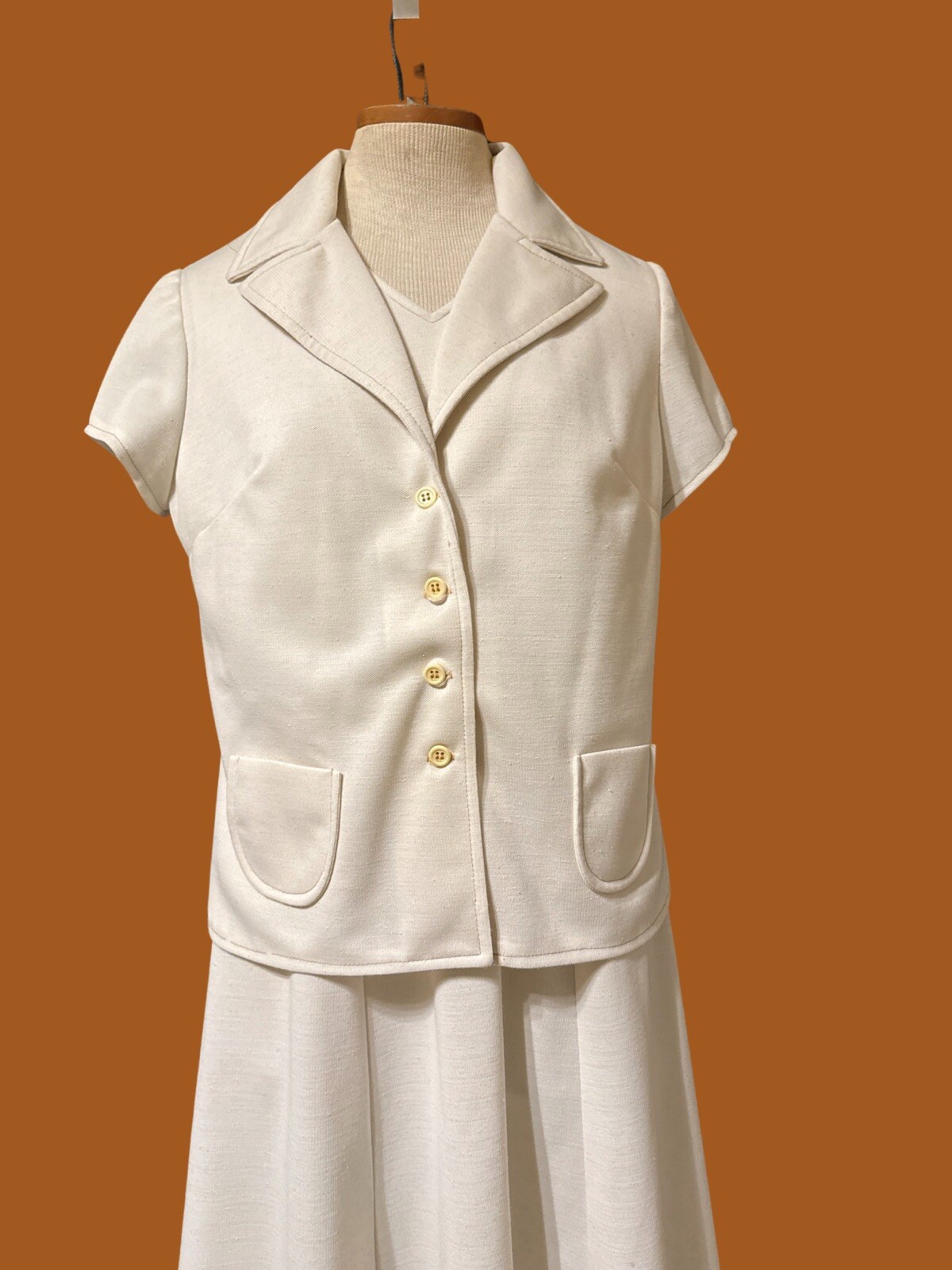 Vintage 70’s Knit Womens Dress Suit Set Brown Stitched Point Collar Haggar S/M