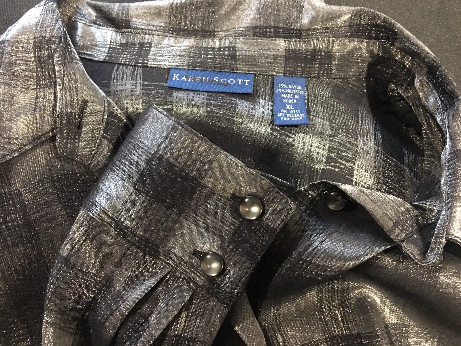 Vtg Silver Metallic Button Up Shiny Rayon Shirt Top XL
