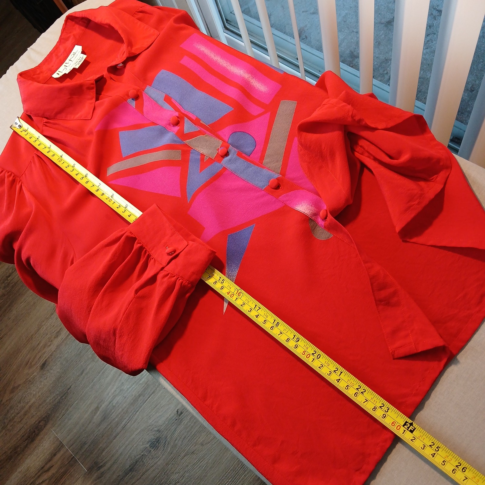Mary McFadden Vintage 80s Red Silk Blouse 12 stains long sleeve collared buttons