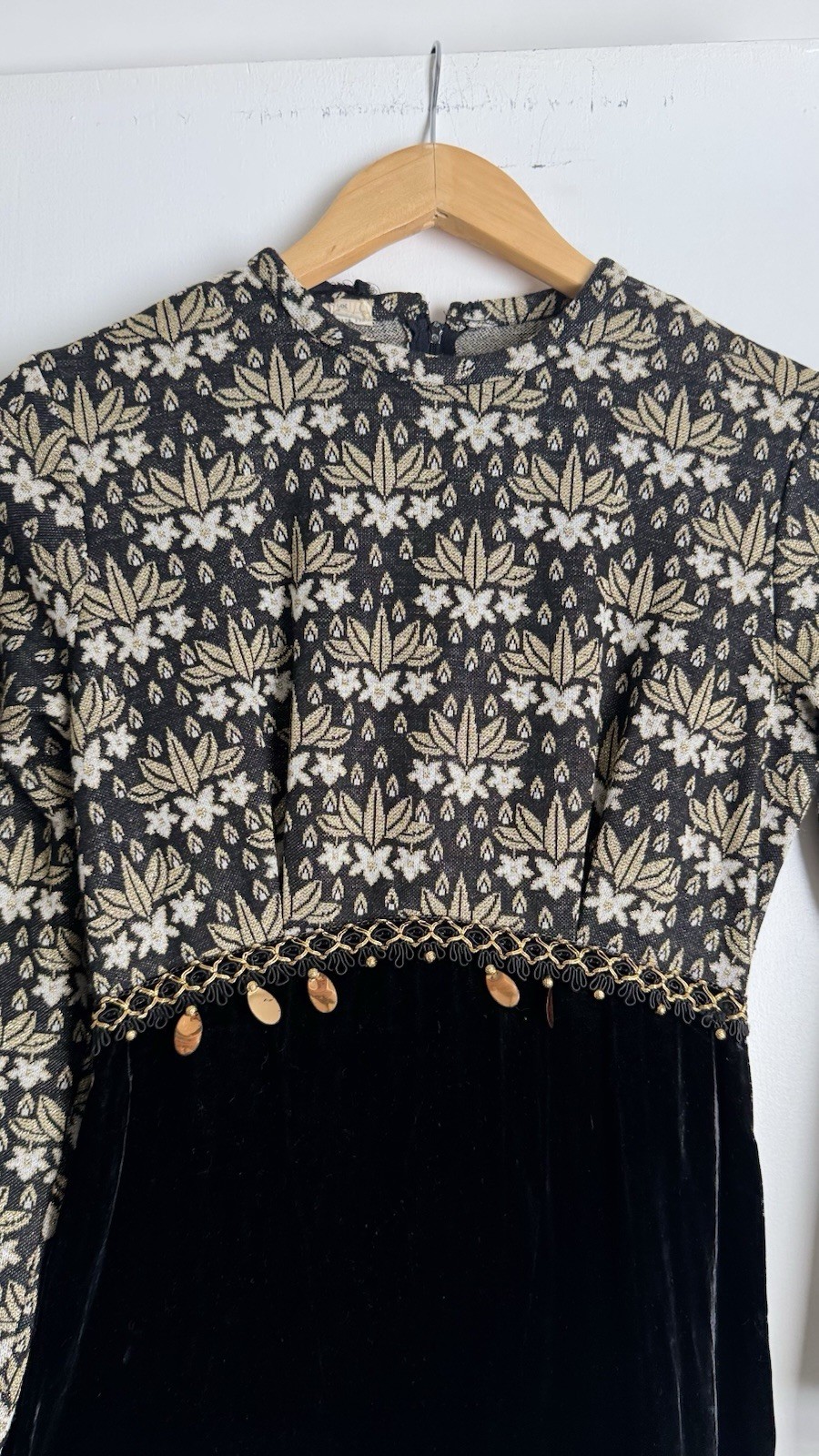 Vintage 60s Gold & Black Baroque Quilt Top & Velvet Skirt Maxi Dress XS 1960s