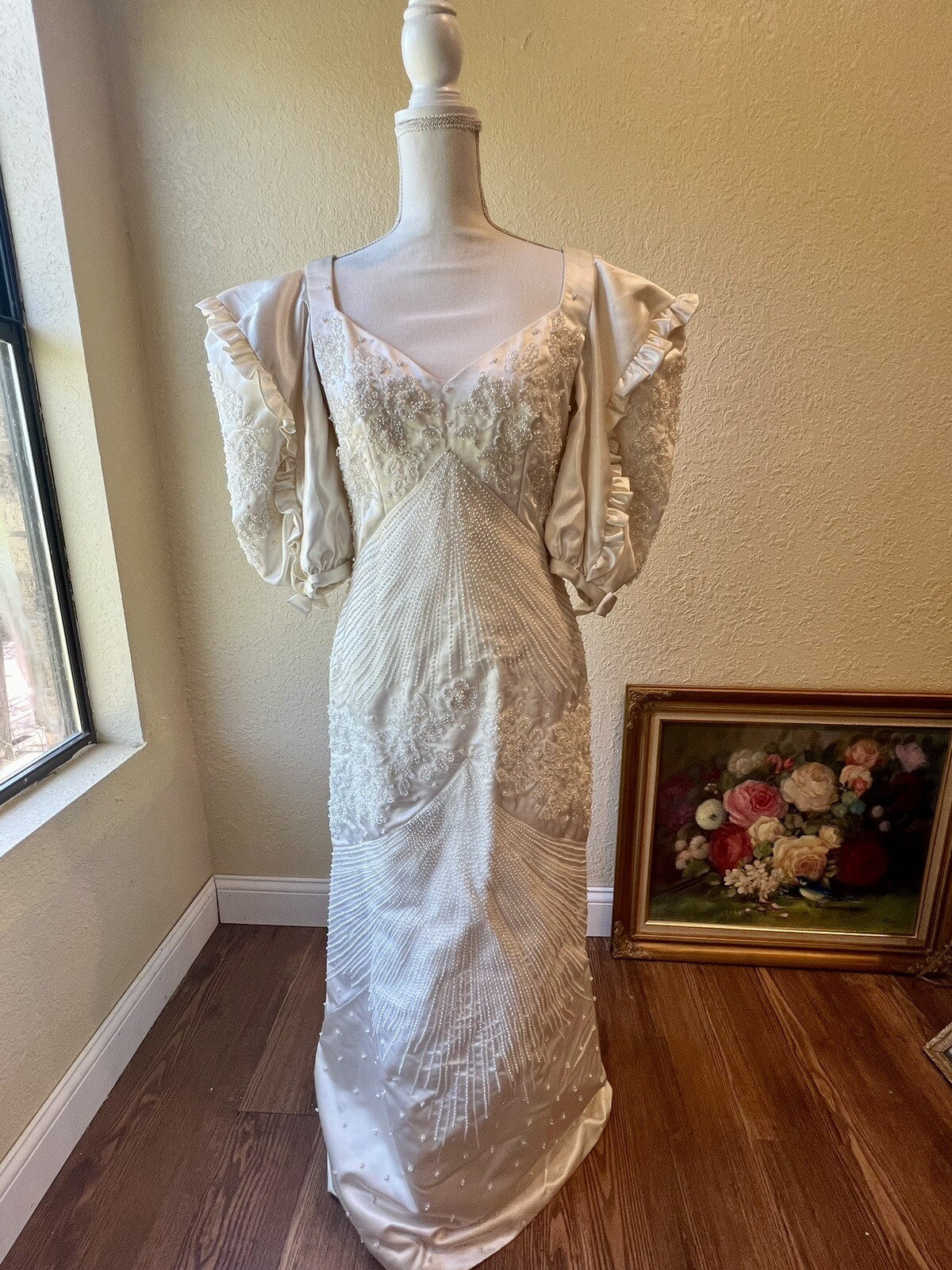 1980s Carlota Alfaro Handmade Beaded Wedding Dress Vintage Ivory Off White
