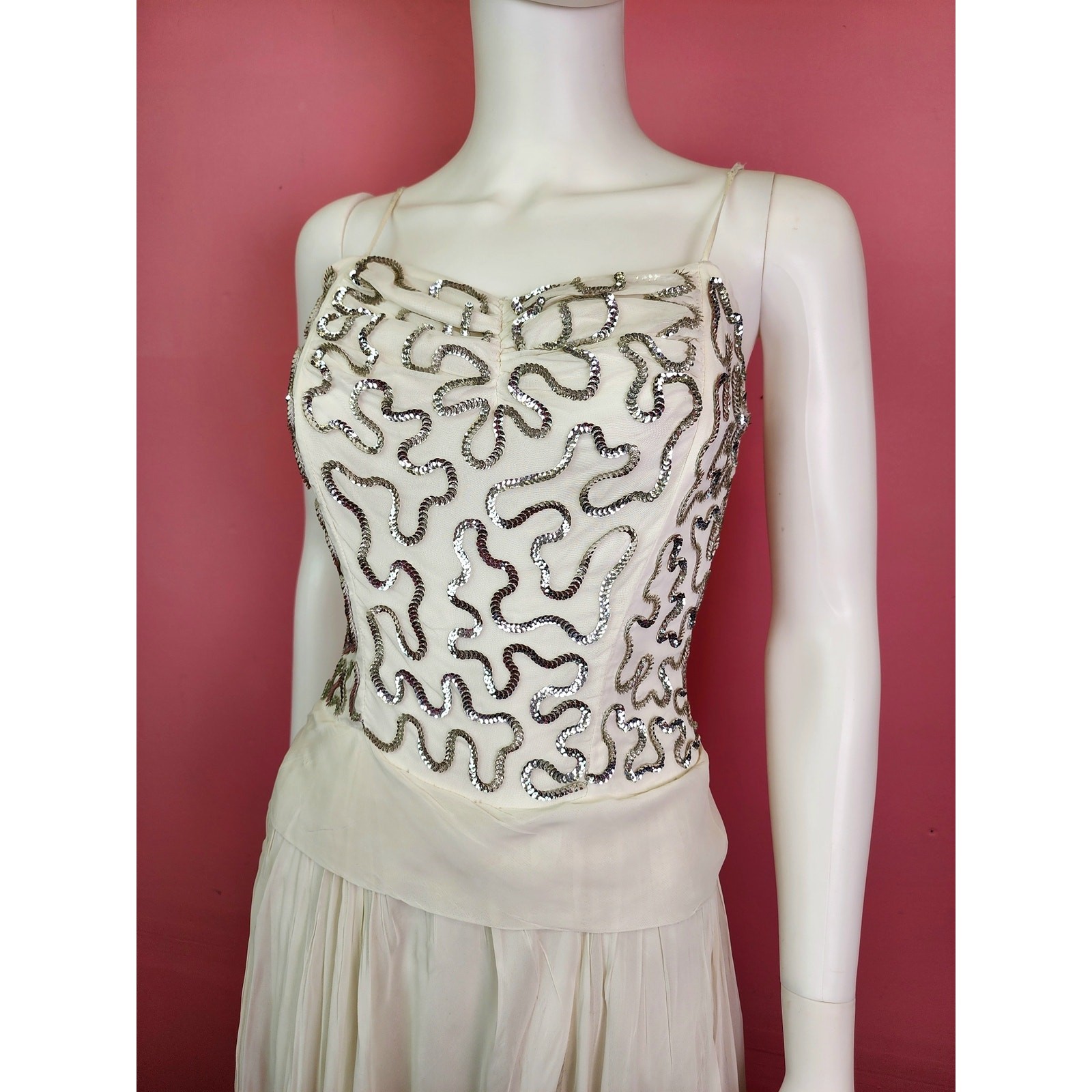 Vintage Late 1940’s White and Silver Sequin Bodice Chiffon Gown with Bow Back