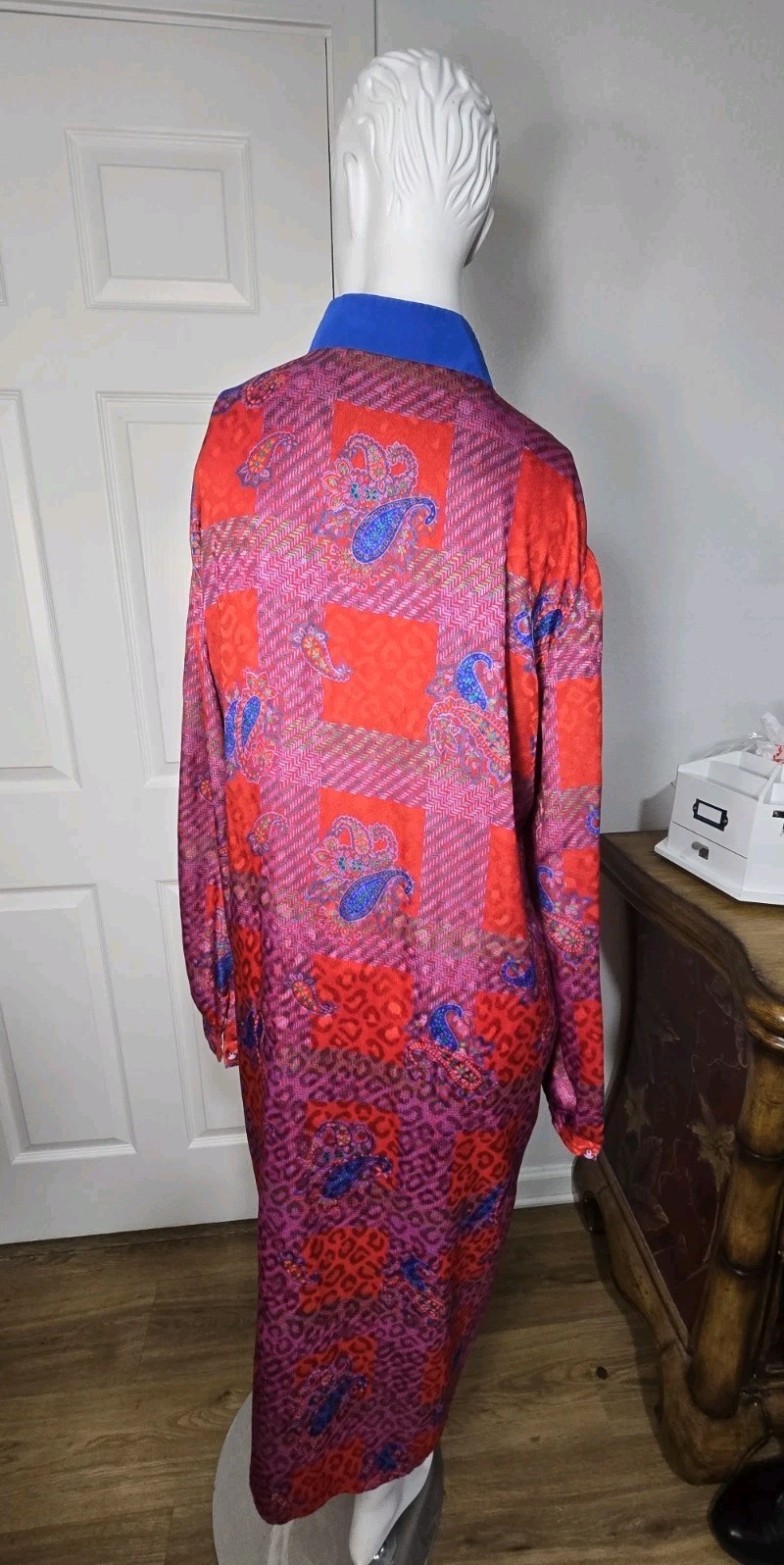Vintage 80s/90s David Warren DW3 Asian Style Collar Poly Long Sleeve Shift Sz 16