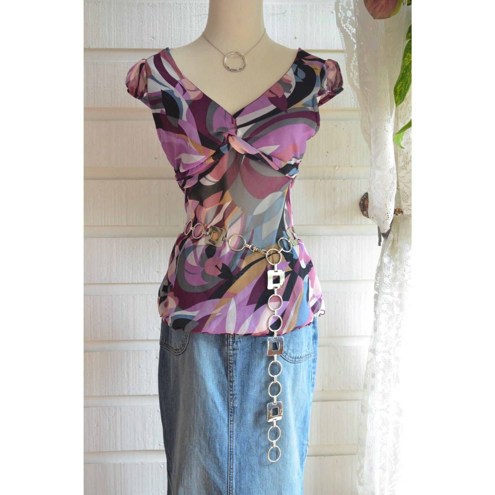 Vintage Y2K Iz Byer California Top Purple Abstract Print- M
