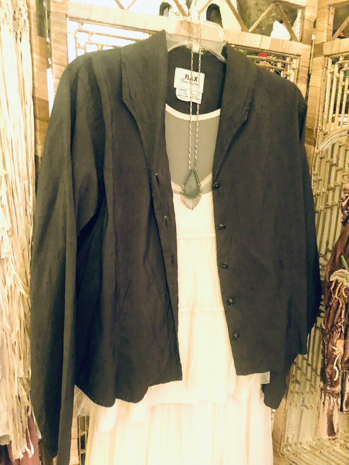 vintage 90s jacket FLAX by Jeanne Engelhart olive silk iridescent lagenlook top