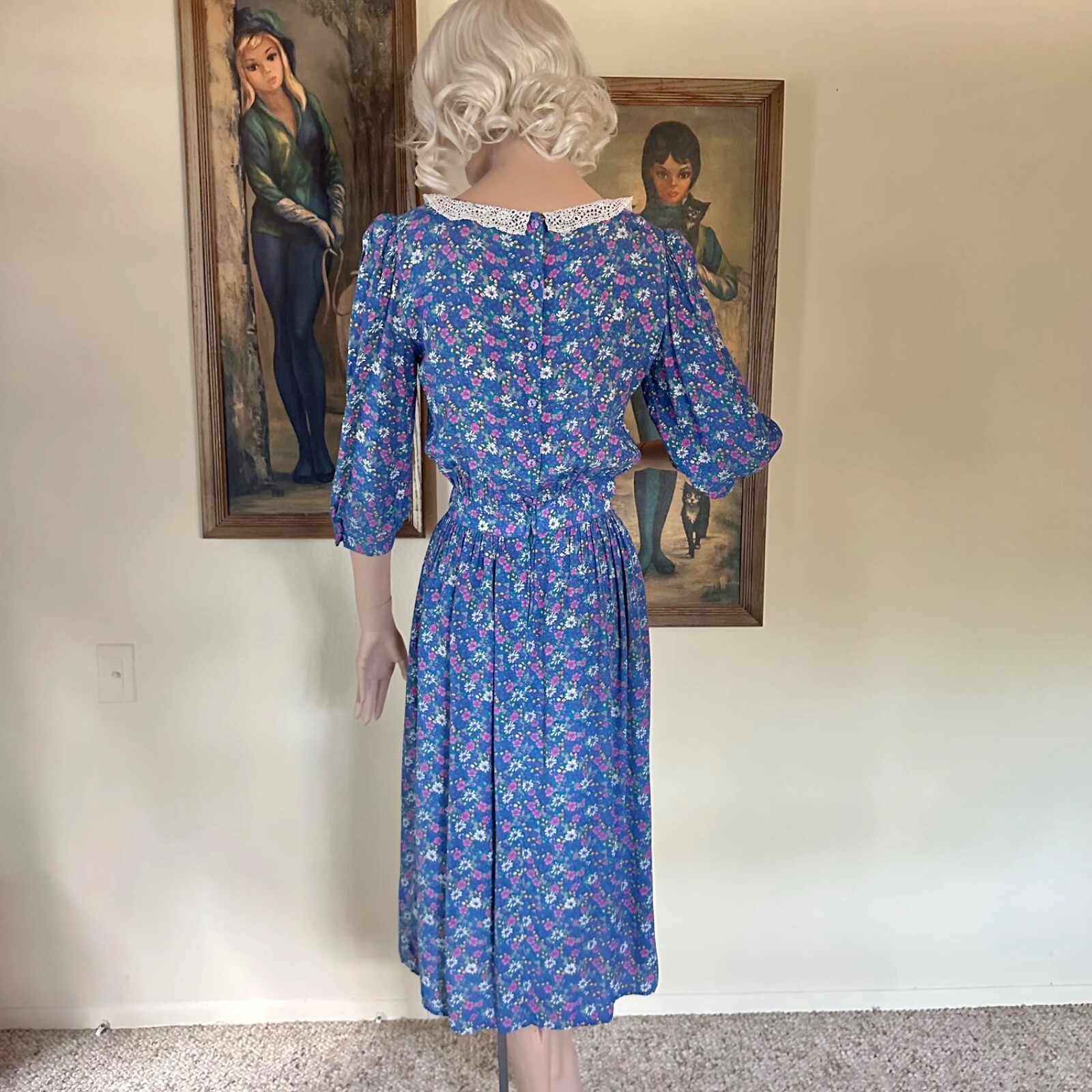 Vintage 80s Romantic Floral Prairie Day Dress Puff Sleeve Secretary S