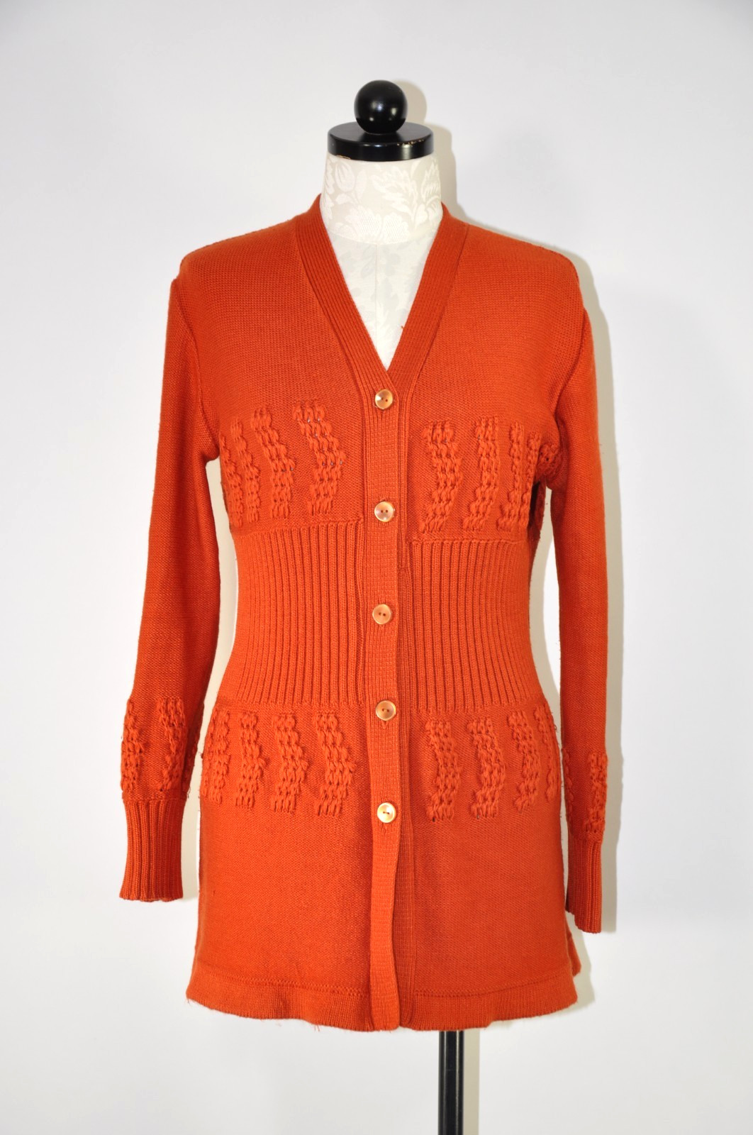 70s Autumn Rust Orange Pointelle Ribbed Knit Button Up Sweater Cardigan Women M