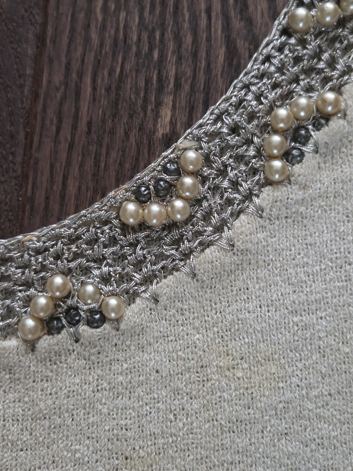 Boepple Creations Silk Knit Top Real Pearl Beaded Neckline Ivory Short Sleeve