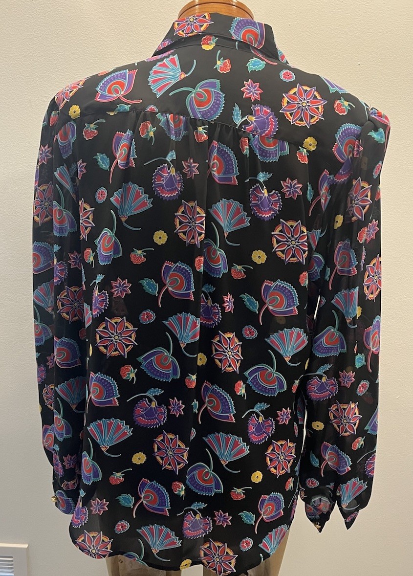 Vintage Leslie Fay Blouse Womens 12 Black Floral Art Deco Gold Button Shirt 80s