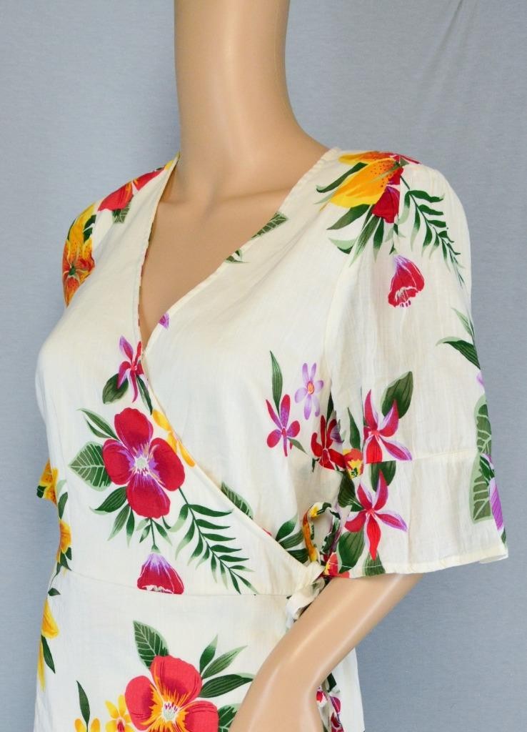 VTG Old Navy Mini White Tropical Floral Deep V Flutter Sleeve Boho Wrap Dress M
