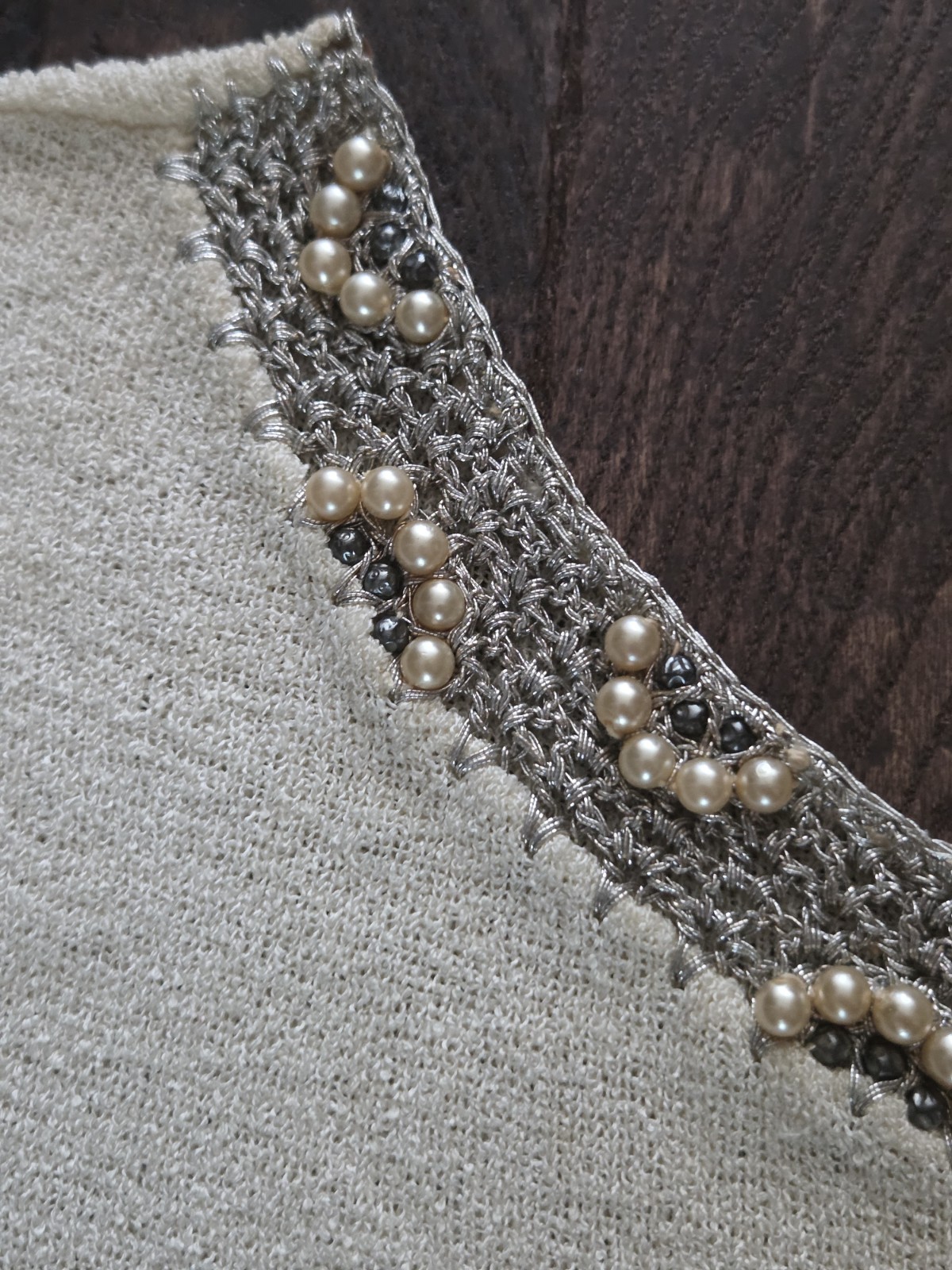 Boepple Creations Silk Knit Top Real Pearl Beaded Neckline Ivory Short Sleeve