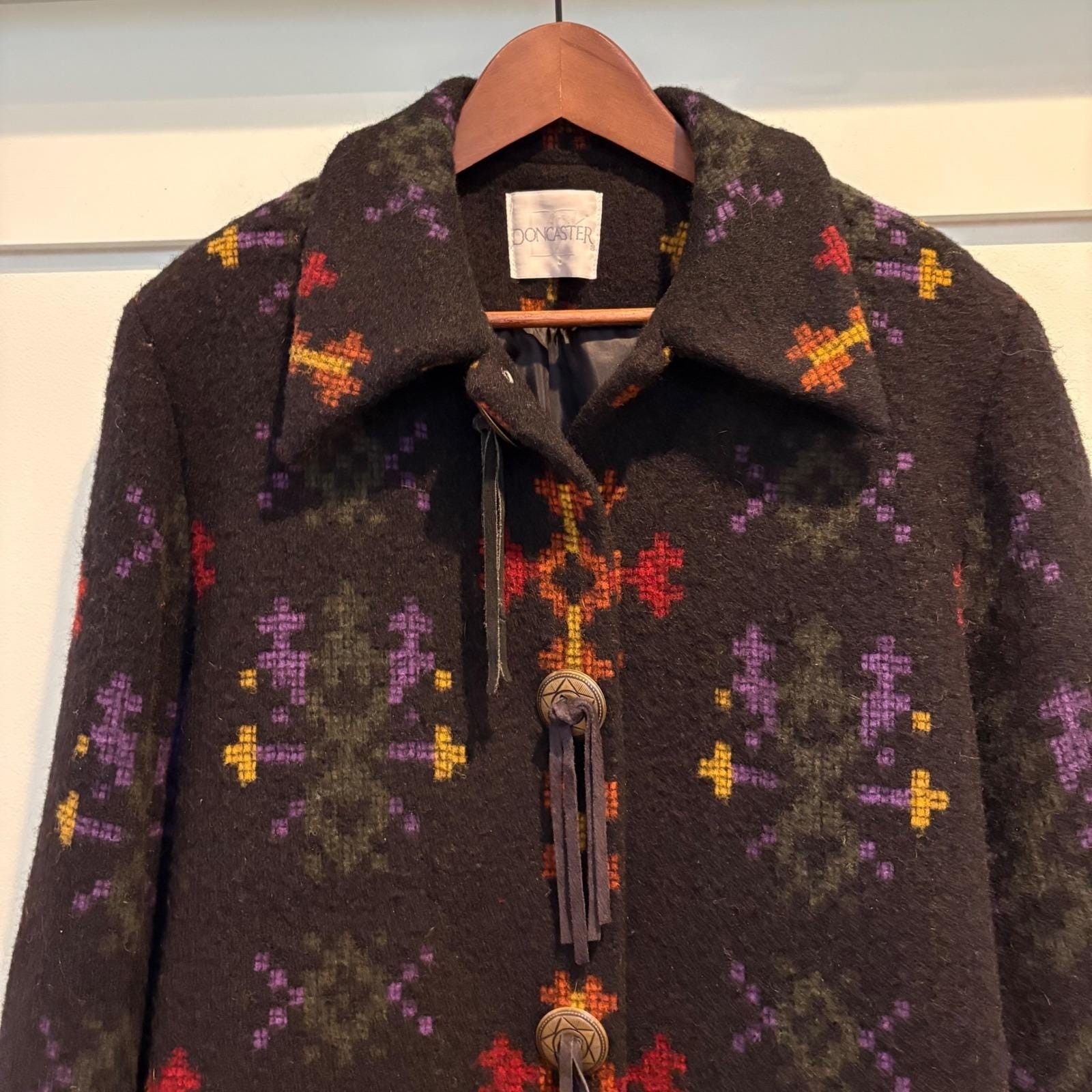 Vtg Doncaster Wool Blend Coat Women 8 Black Southwest Concho Fringe Aztec Navajo