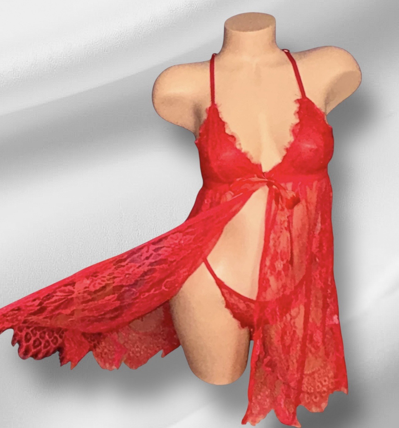 2PC AVIDLOVE Red Shiny Sheer Lace Peek A Boo Front Closure Nightie & Panties S