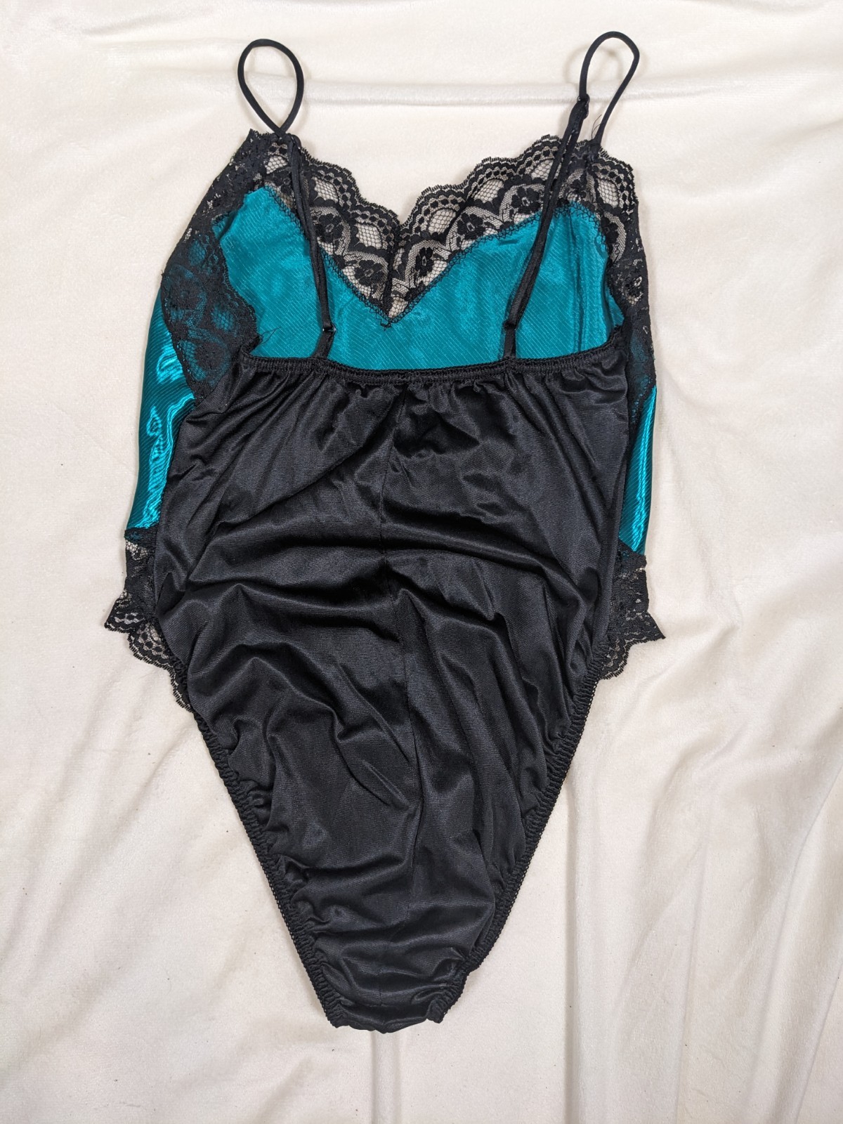 vintage Lady Cameo Dallas satin and lace teddy bodysuit in a teal green color