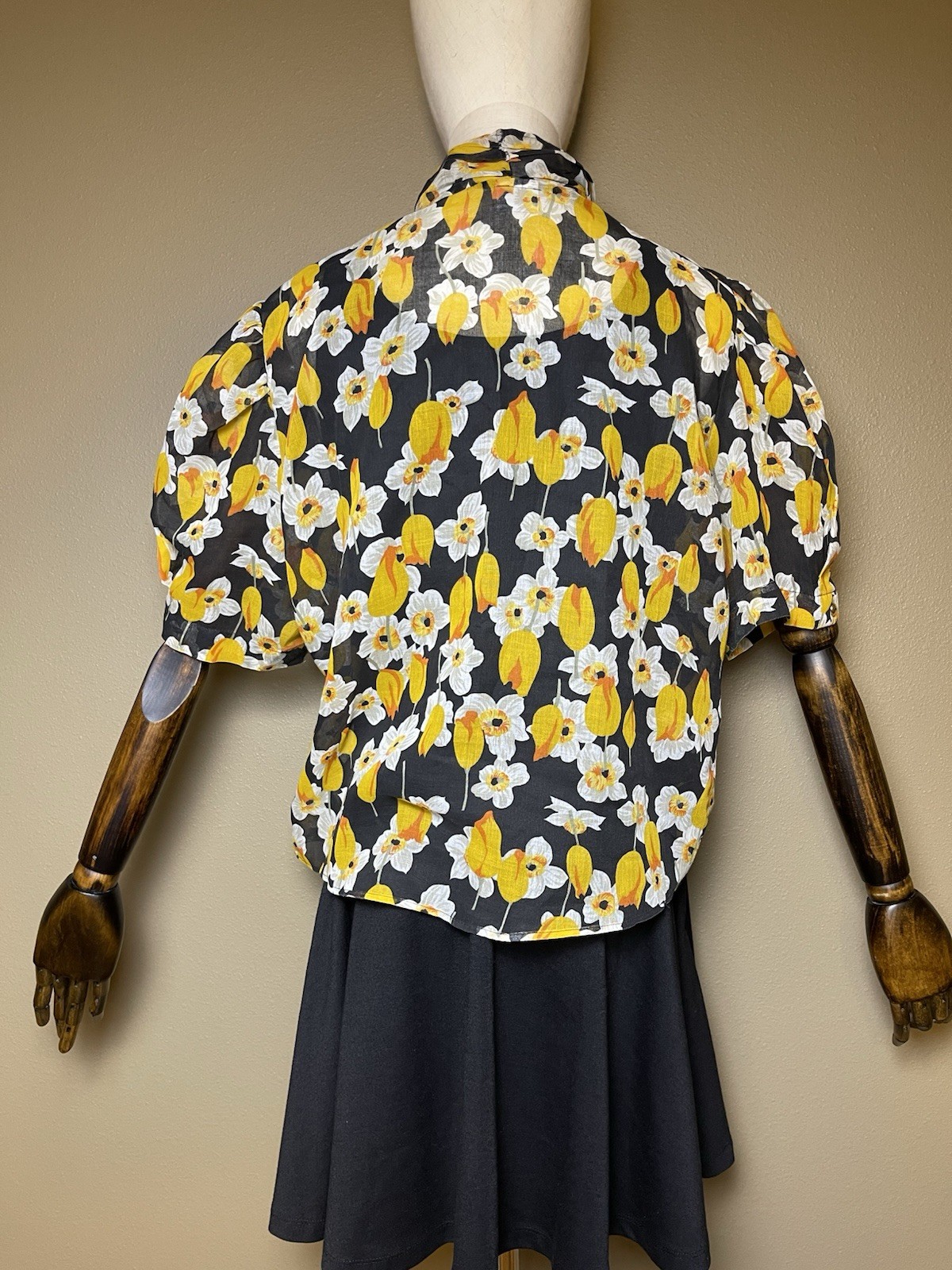 Vintage 1960s Sheer Black Floral Daffodil Print Italian Tie Front Blouse Coverup