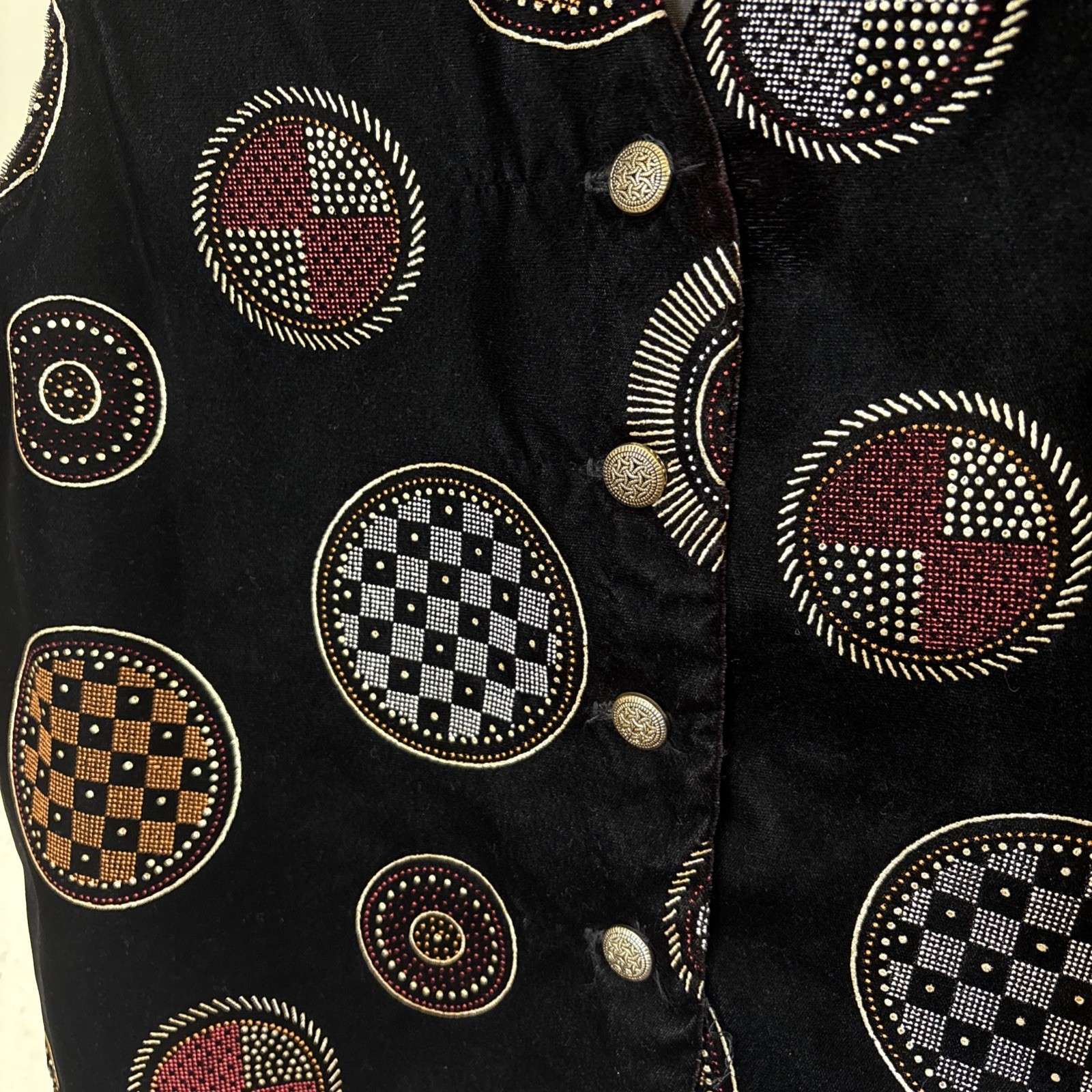 VTG Gold Links Velvet Vest SzL Black Gold Metallic Circle Eclectic Art Deco