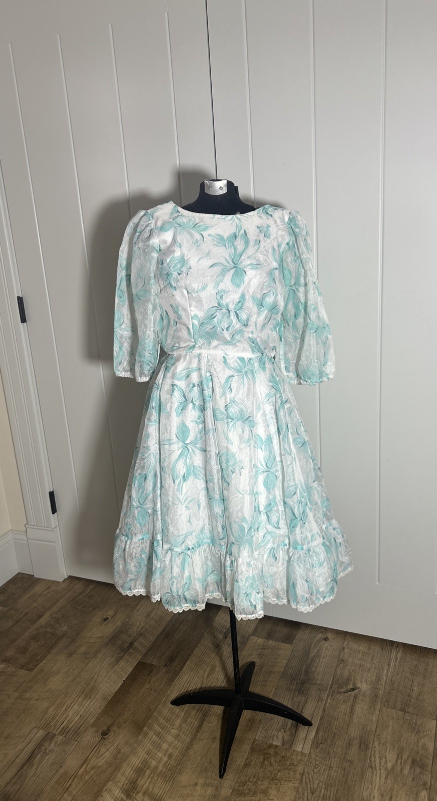 Vintage 1970’s Square Dance Dress Co Chiffon Floral Print Dress Sz 12 3/4 Sleeve