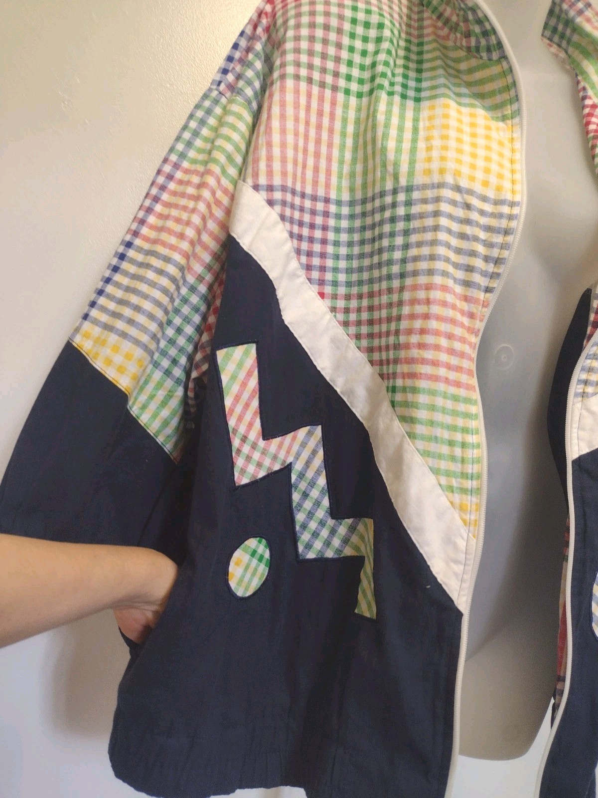 Vintage Adolfo Sport Colorblock Jacket XL Geometric Gingham Zip Memphis 80s