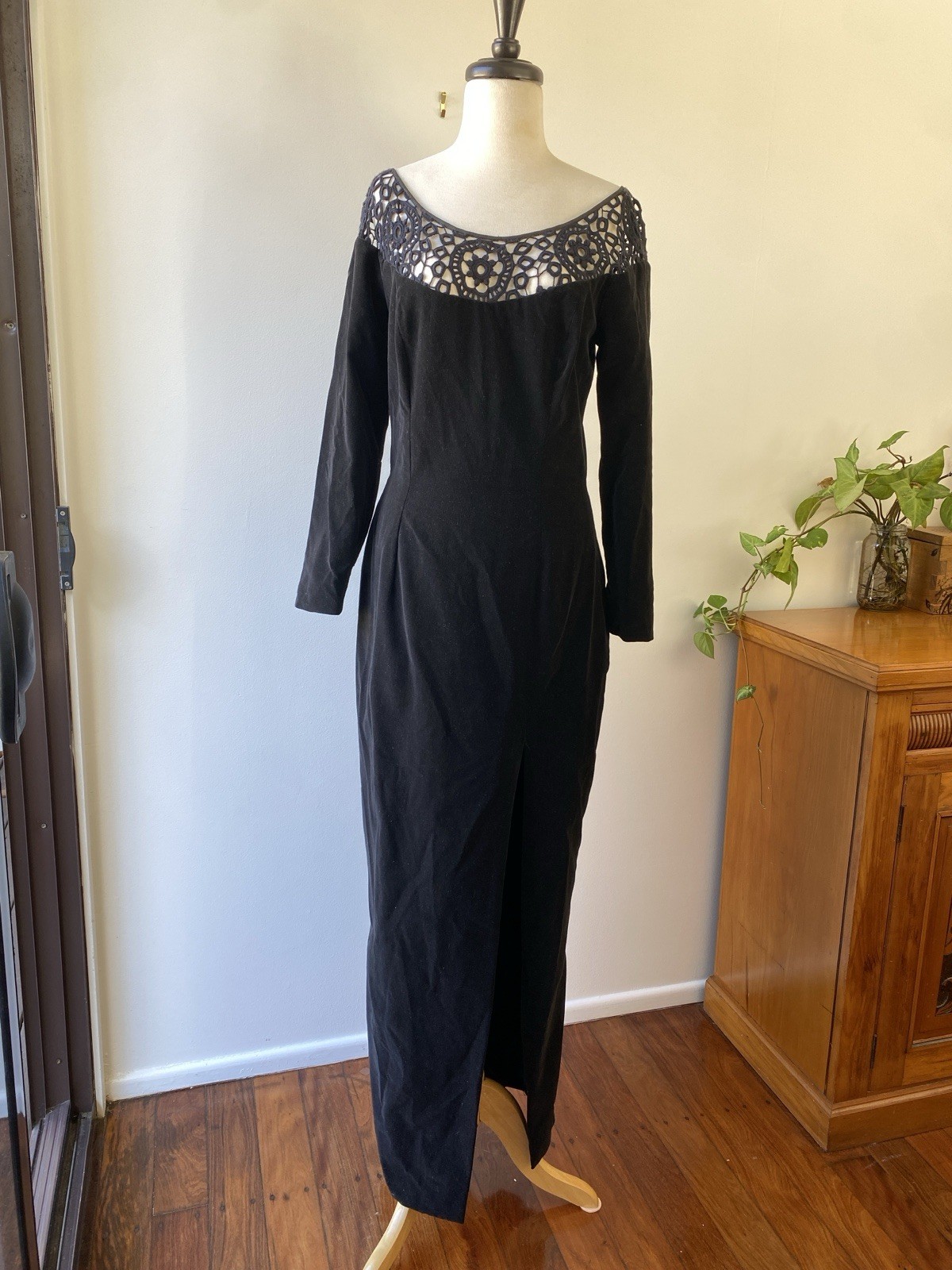 Mariana Hardwick Vintage Black Velvet Dress 12 AU 8 US Lace Long Sleeve Evening