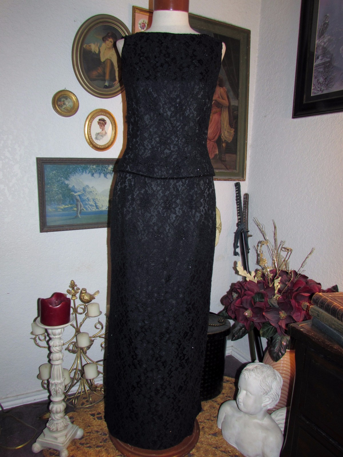 vtg Marie St Claire Black Lace Satin Sequin Event Party Evening Gown Dress 6