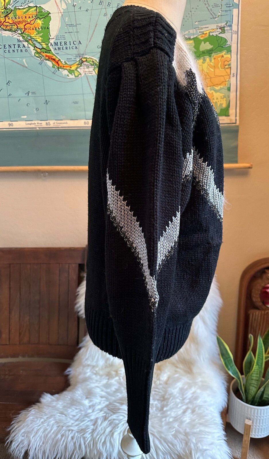 Vintage 80s 90s Maurada Black White Silver Geometric Diamond Holiday Sweater