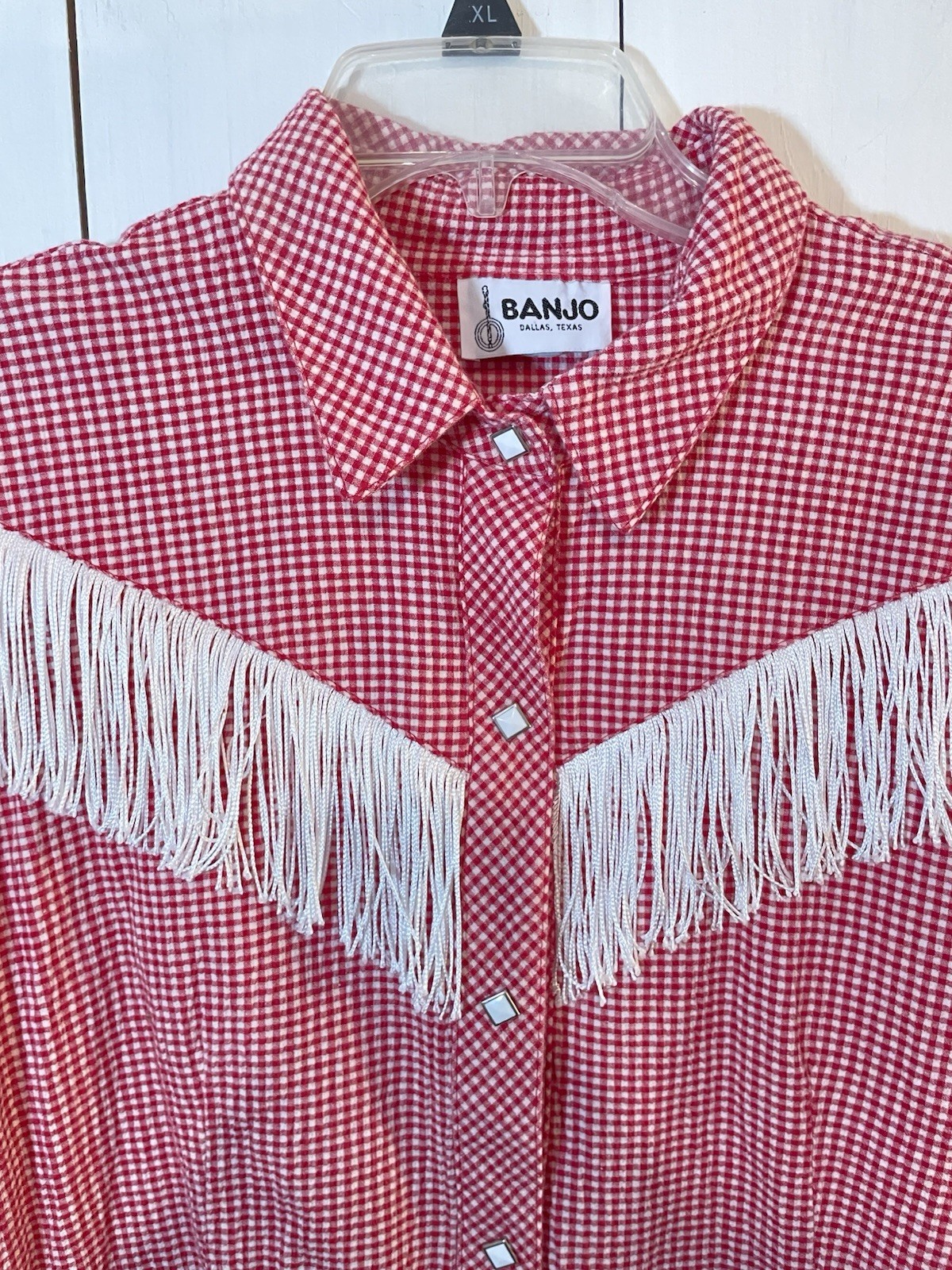 Vintage Ladies XL Banjo Western Shirt Red Gingham Fringe Snap Front Short Sleeve