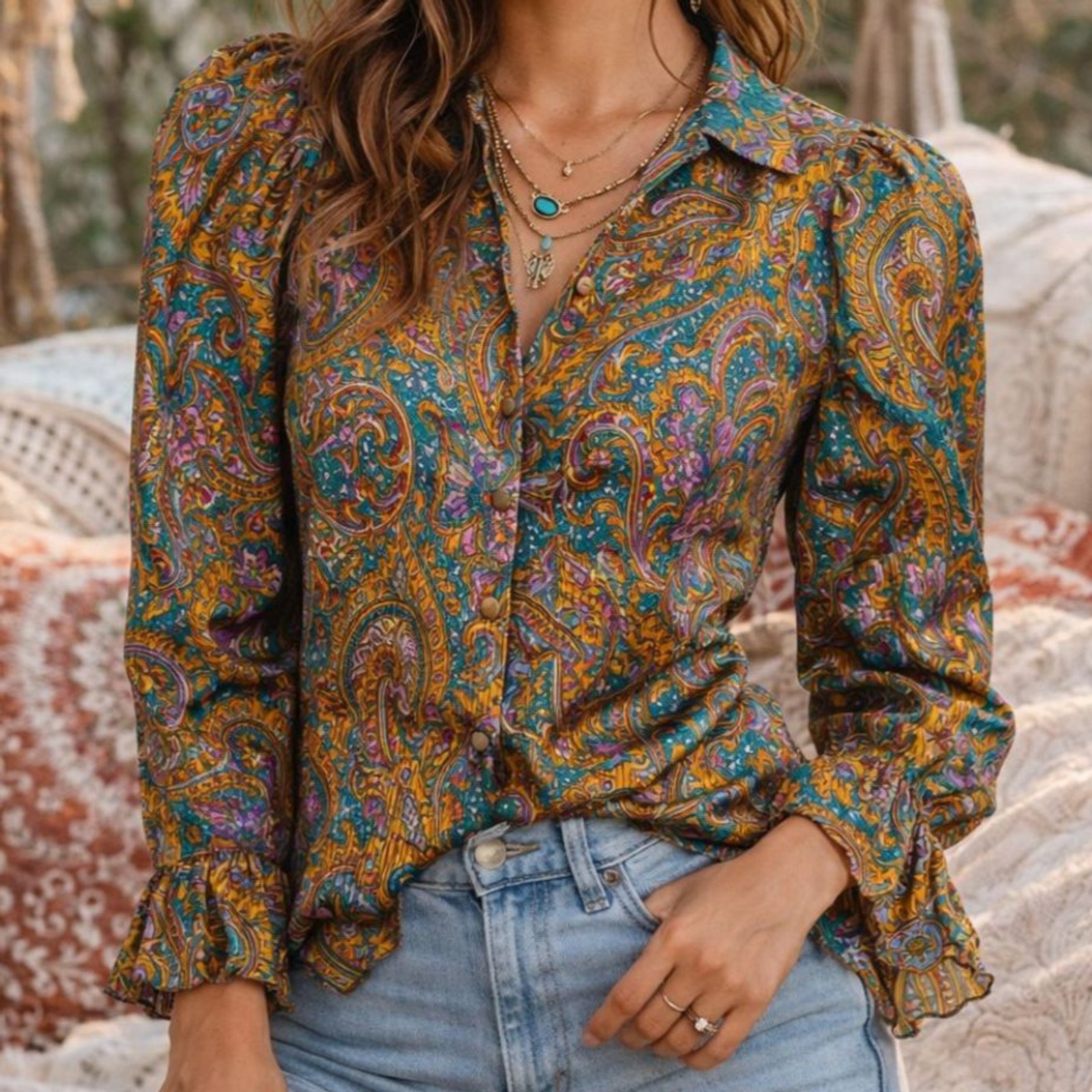 Vintage 90s Silk Paisley Blouse Size 8 Jewel Tone Boho Luxe Button Front Top