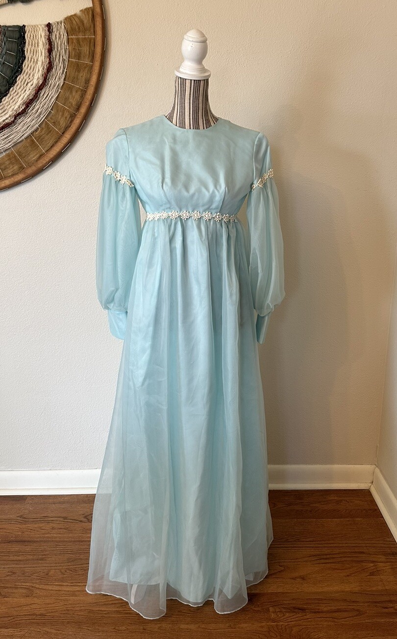 Vintage Lorrie Deb Dress 1960s Edwardian Maxi Puff Sleeve Woman’s Small