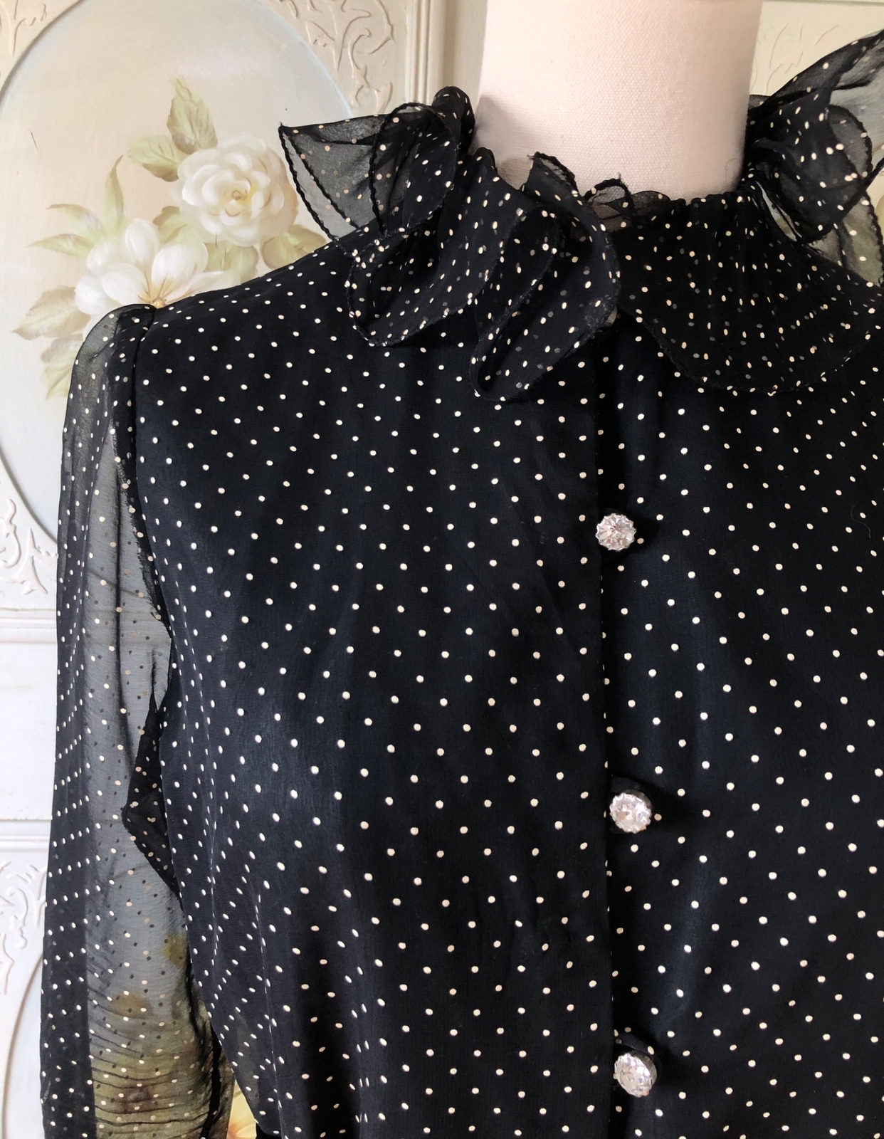 VTG 70s MARITA ANTHONY MUTO BLACK WHITE POLKA DOT RUFFLE COLLAR DRESS CHIFFON