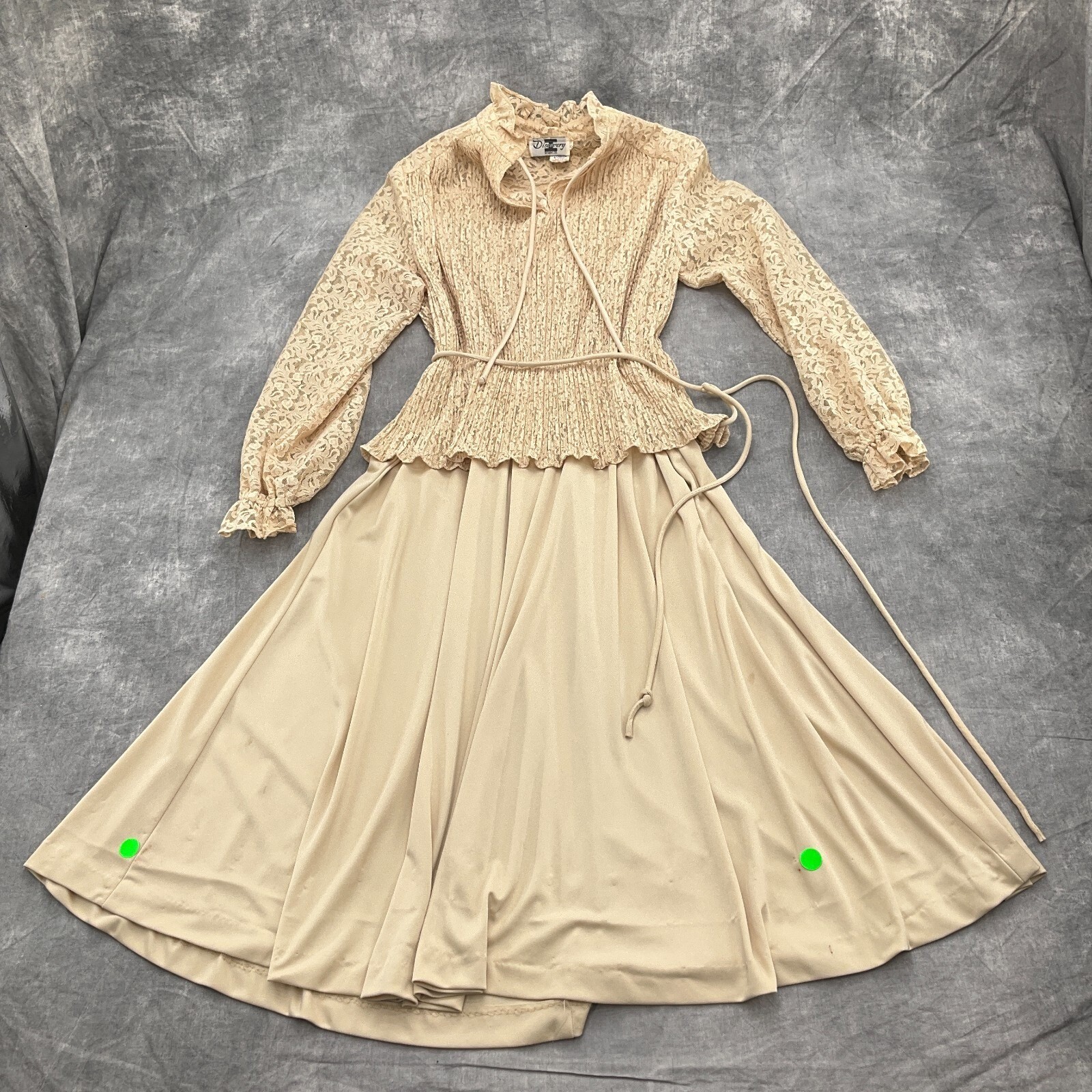 Discovery Fashions Dress Women 12 Gold Beige Lace Teacher Union USA 70s VTG