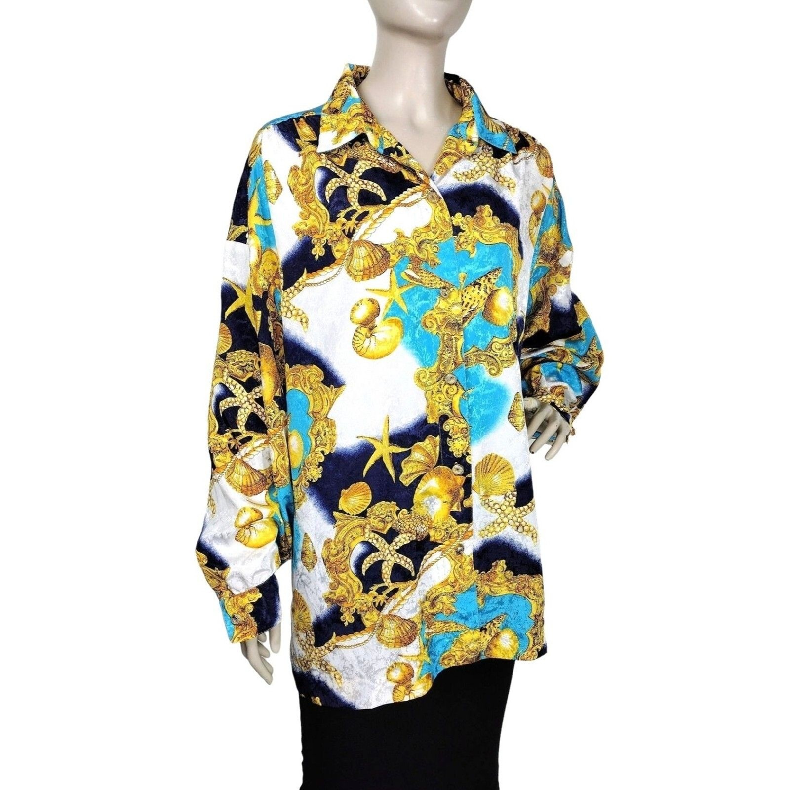 Vintage 80s Baroque Nautical Brocade Shells Chains Scarf Print Statement Blouse