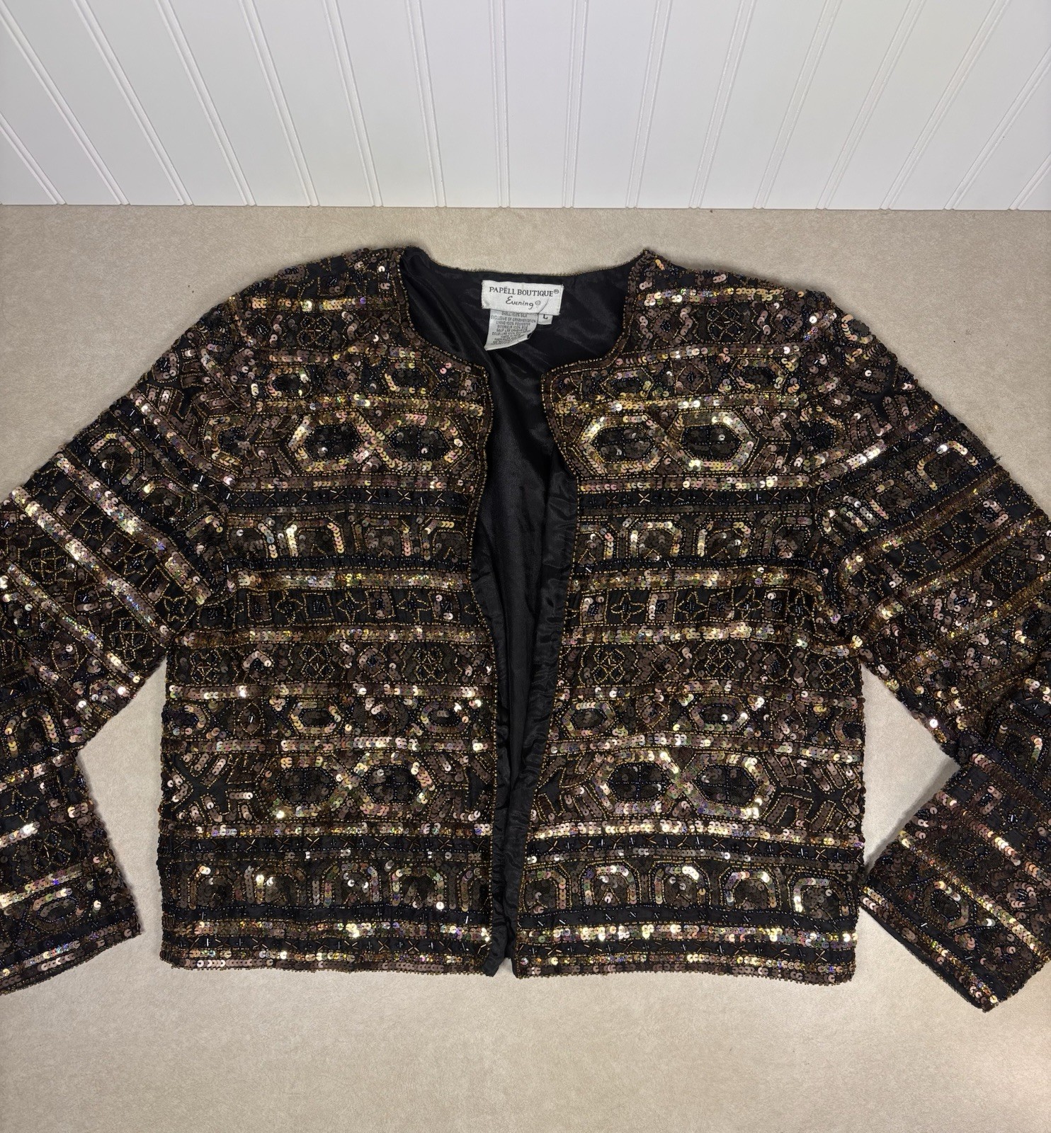 VTG Papell Boutique Evening Heavy Beaded Art Deco Silk Trophy Jacket Womens Sz L