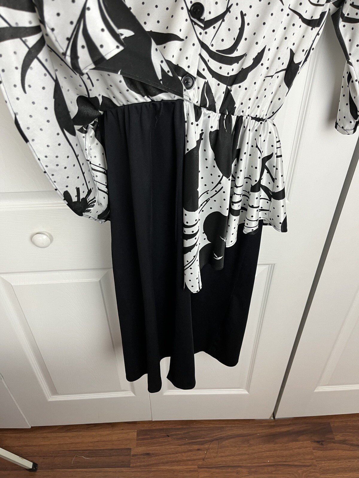 Floral Peplum Dress Size 12 80’s Era KR of NY 3/4 Sleeve Black and White Vintage