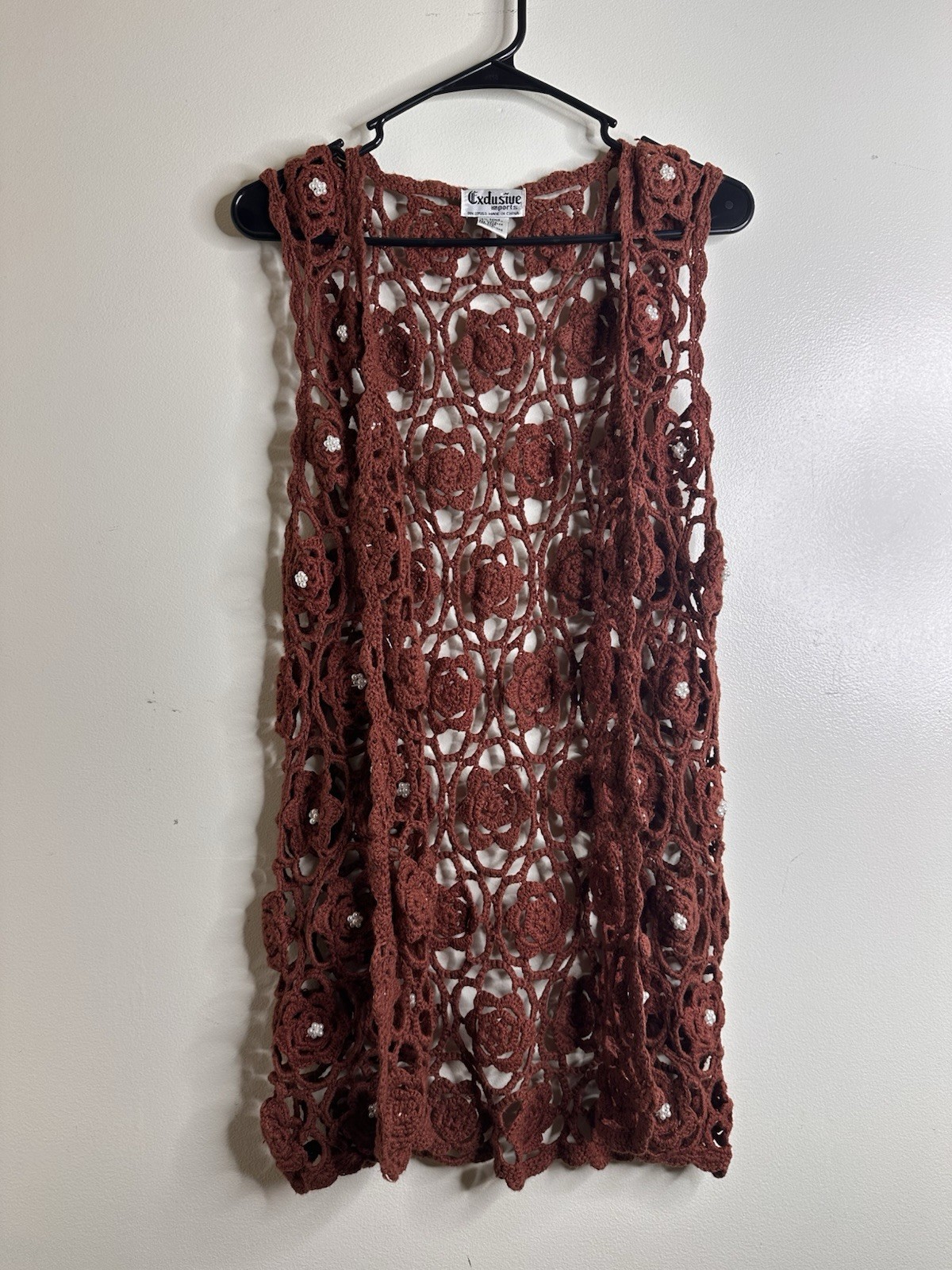 Vintage 70s Exclusive Imports OS Crochet Cardigan Vest Pearl Embellishment Brown