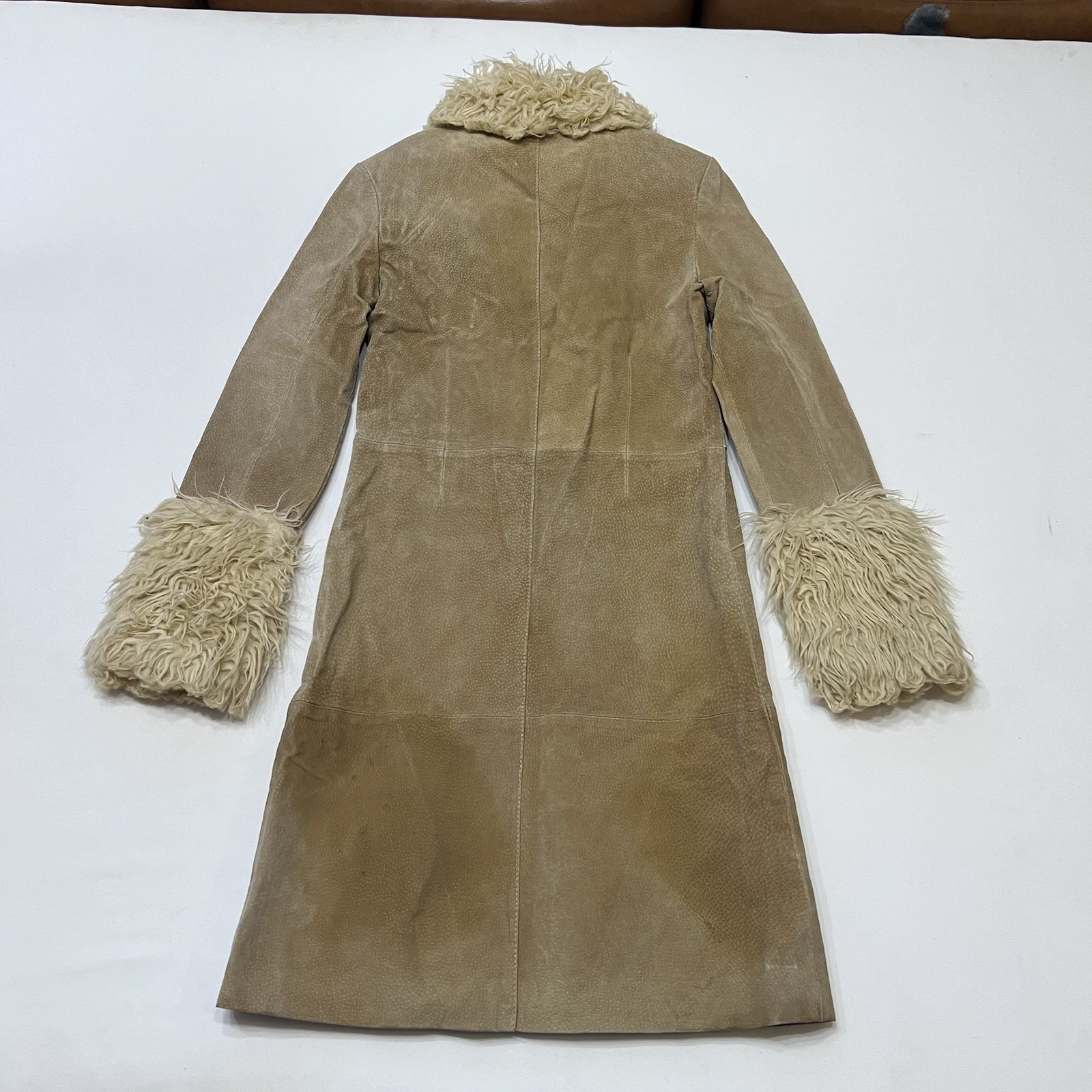 Vintage Blue Asphalt Penny Lane Coat Tan Suede Leather Faux Fur Trim size Small