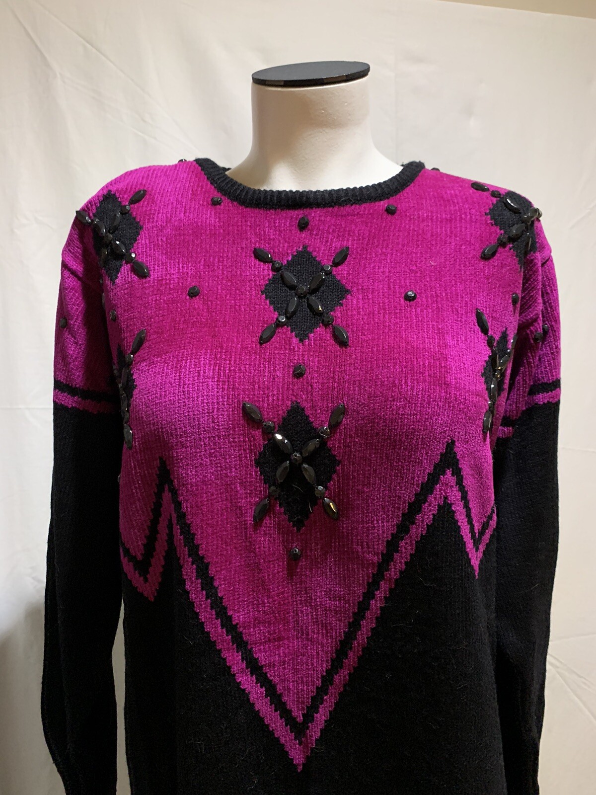 ❤️Vintage Plain Jane Knit Sweater Dress Hot Pink & Black With Sparkles Acrylic M