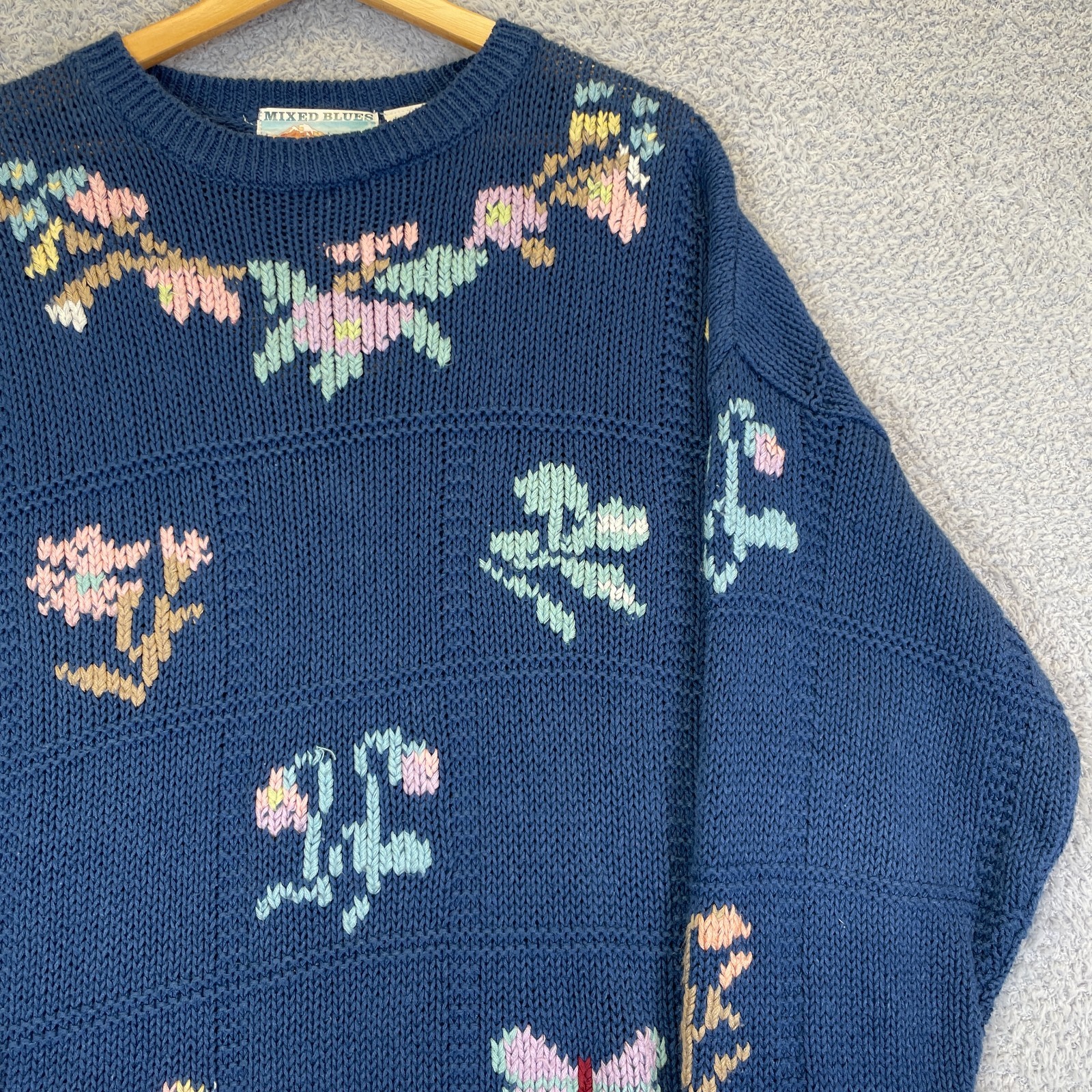 Vintage 90s Mixed Blues Floral Butterfly Sweater Cottagecore Grandmacore Large
