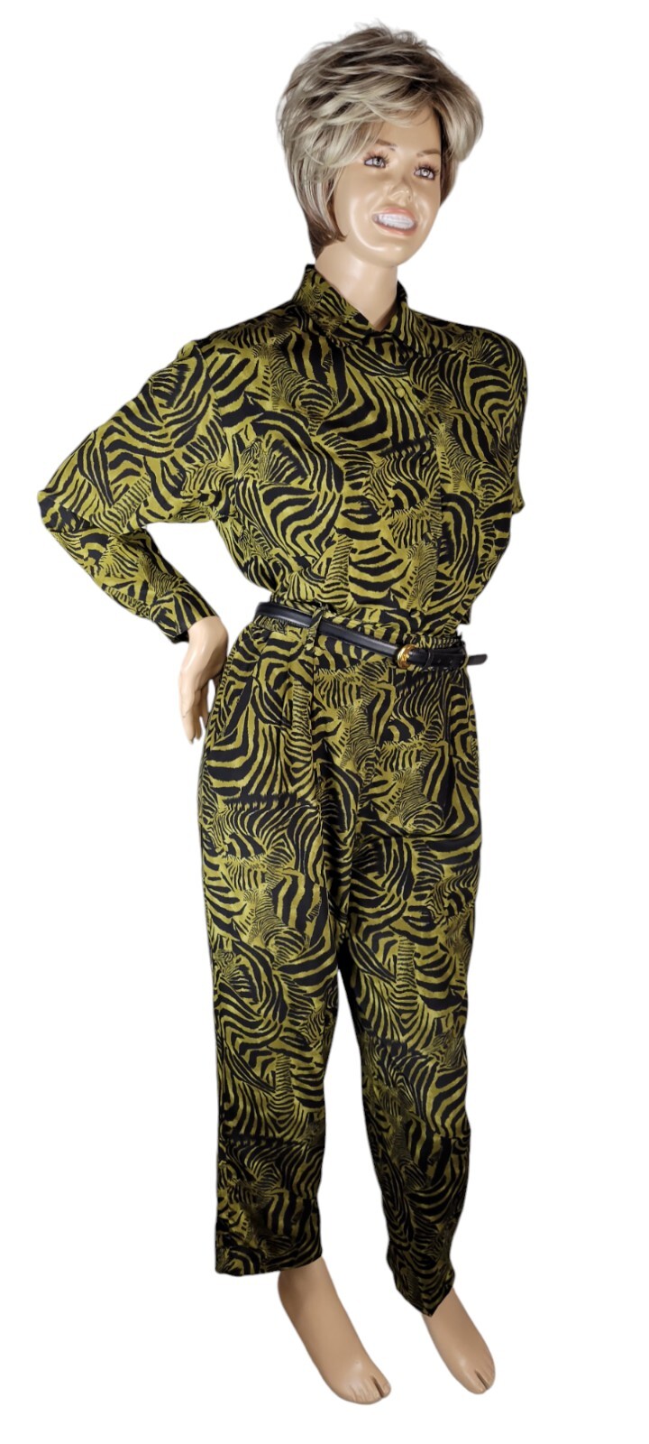 Vintage Ann May 100% Silk Zebra Green & Black Animal Blouse & Pant Suit Set 8