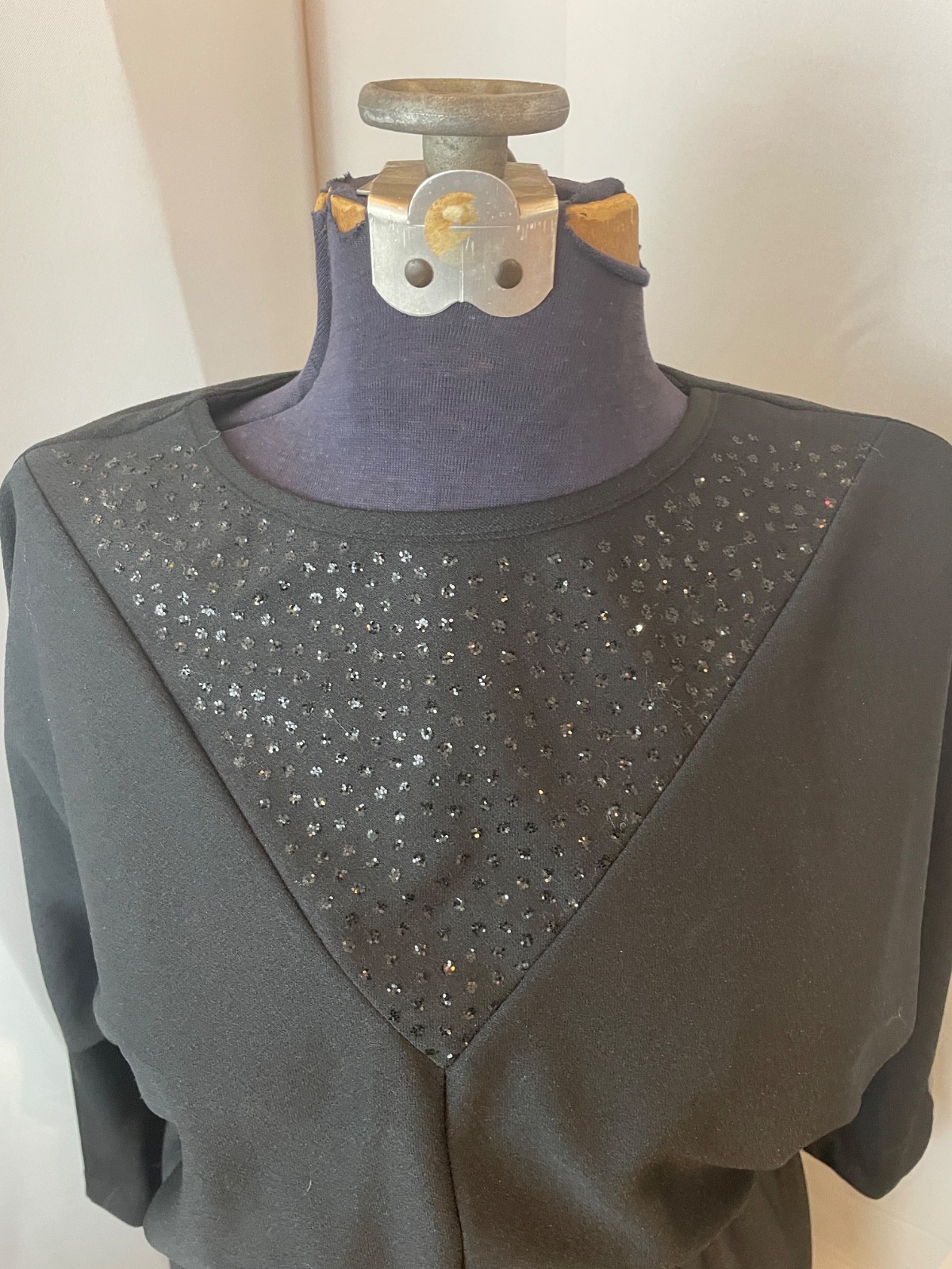 Black Glitter Sparkle Disco Party Dress 1970s Vintage with Belt 18 XL