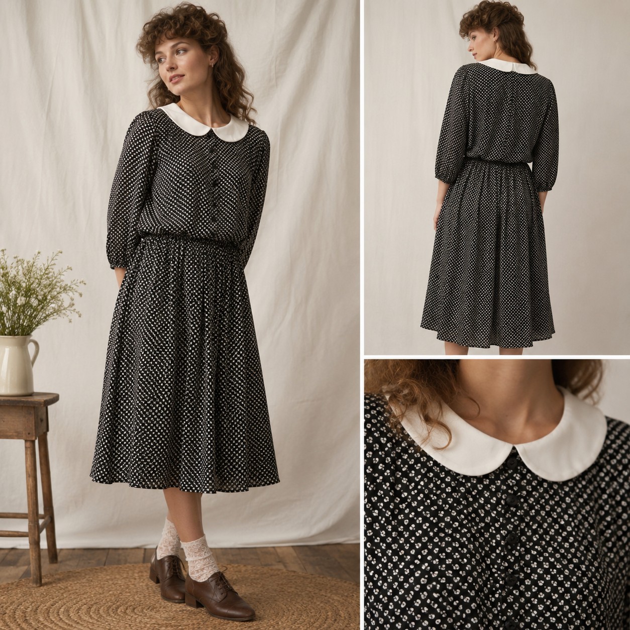 VTG 80s Cottagecore Size L Twee Dress Peterpan Collar Grandmillennial Secretary