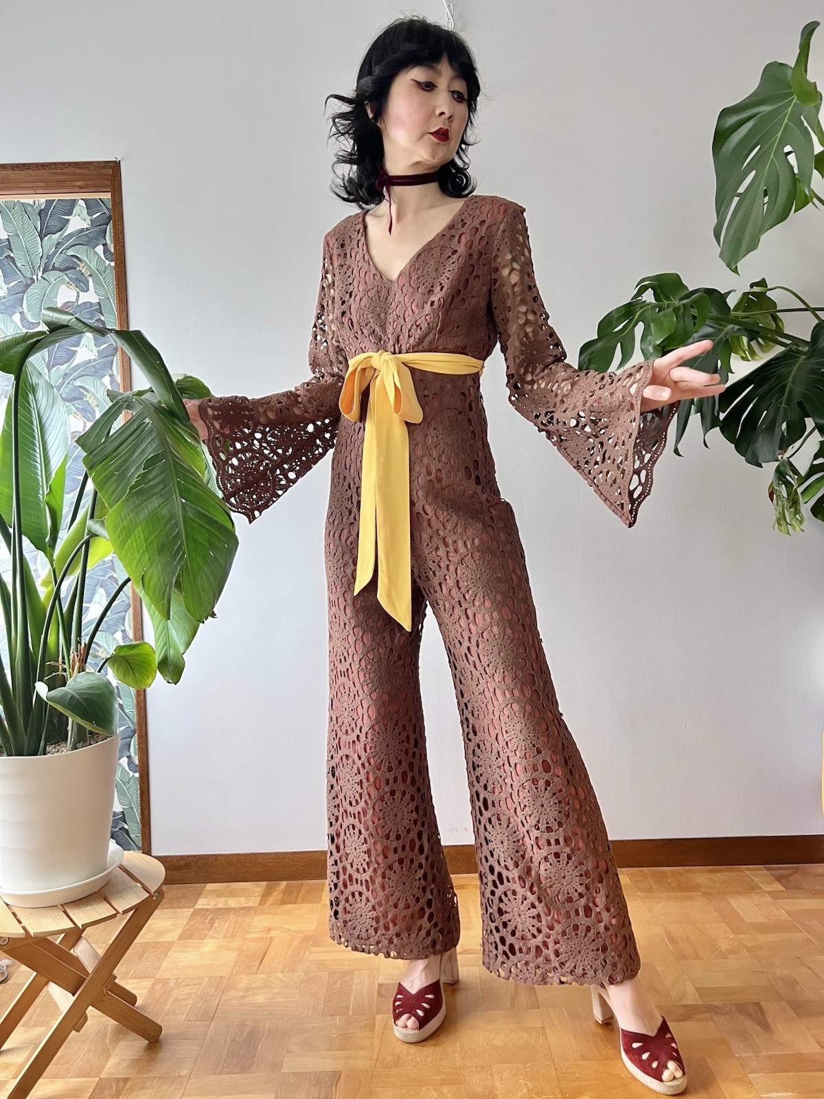 60s 70s Joy Stevens California Crochet Lace Bell Sleeve Flared Wide Leg Jumpsuit